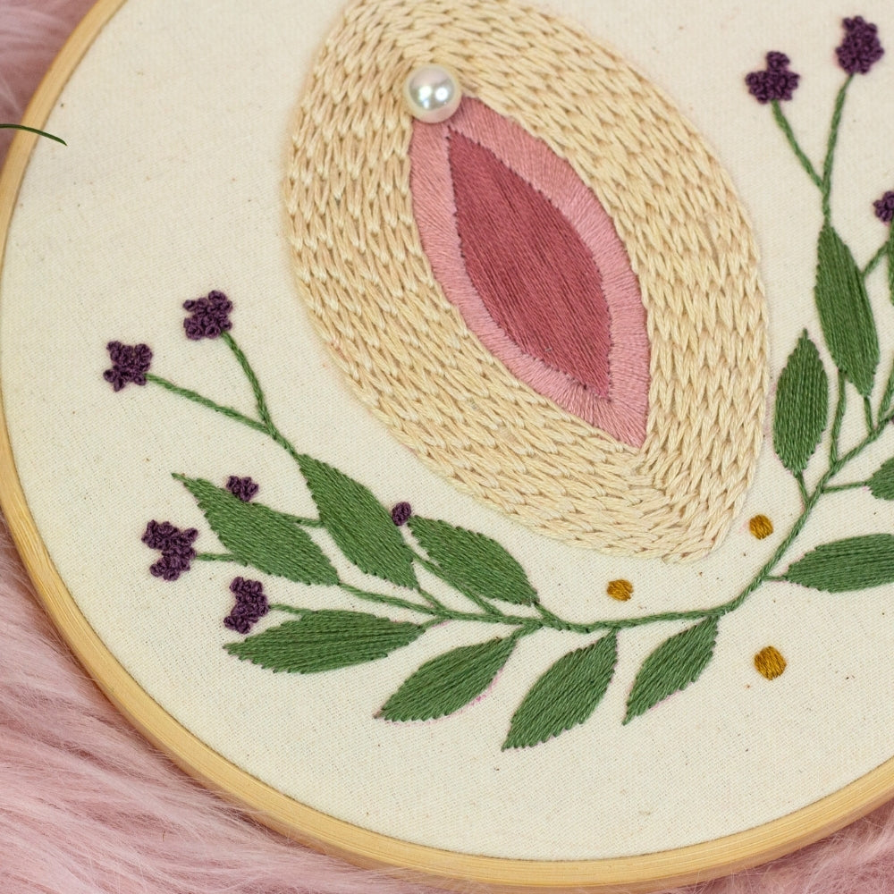 Pearl Blossom – Floral Vulva Embroidery Art 🌿