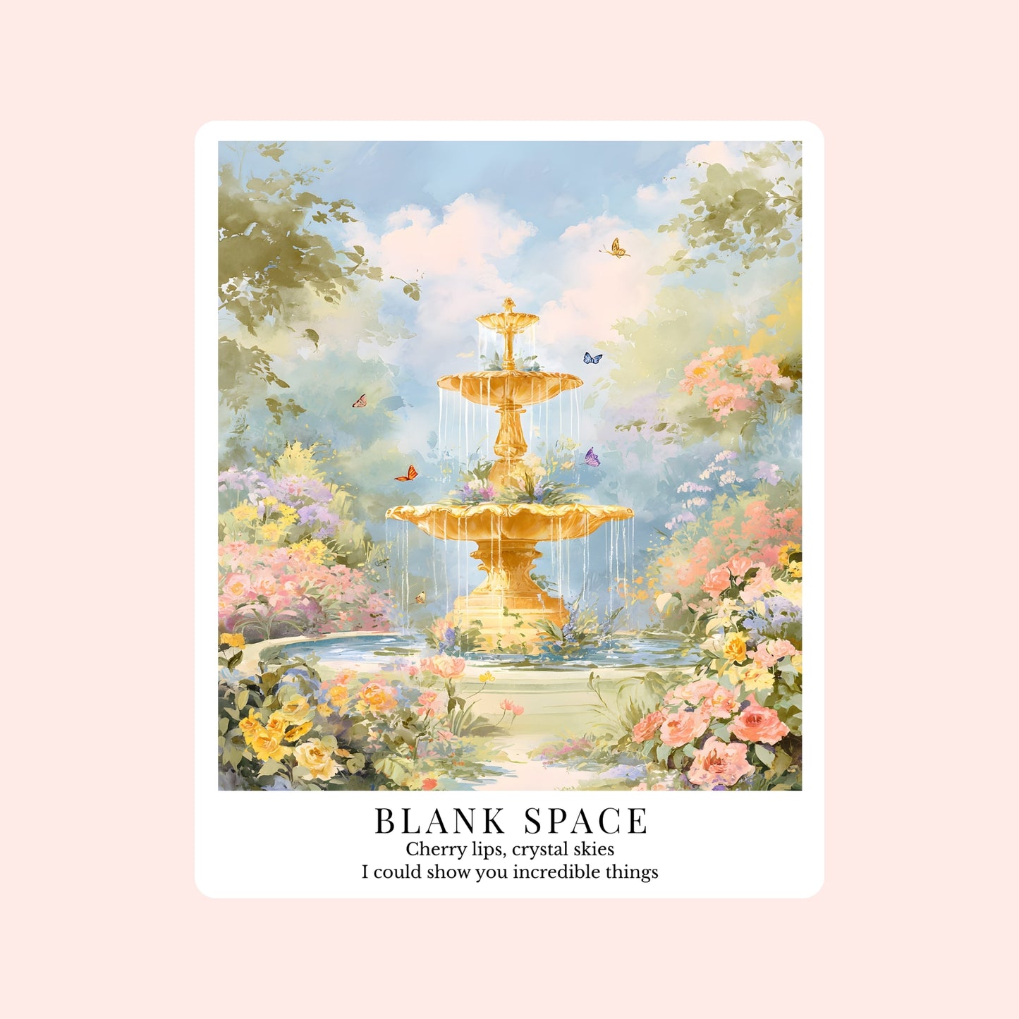 Taylor Swift-inspired 1989 song stickers featuring dreamy illustrated designs for Blank Space, You Are In Love, Out of the Woods, This Love, and Wildest Dreams.