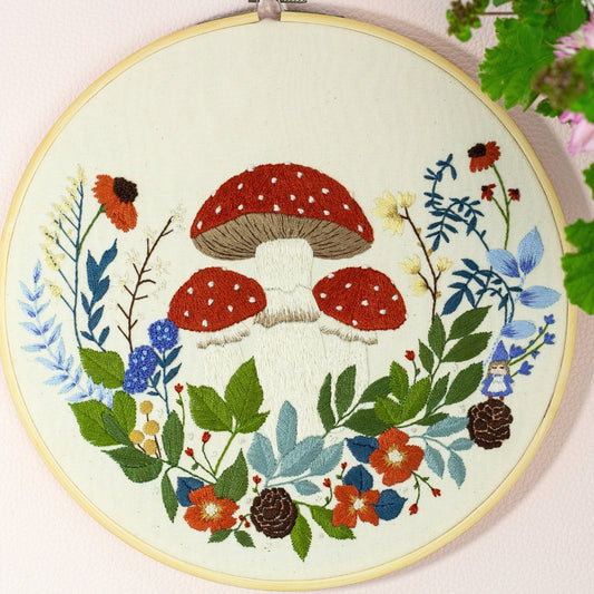 Enchanted Grove – Hand-Embroidered Mushroom Hoop 🍄