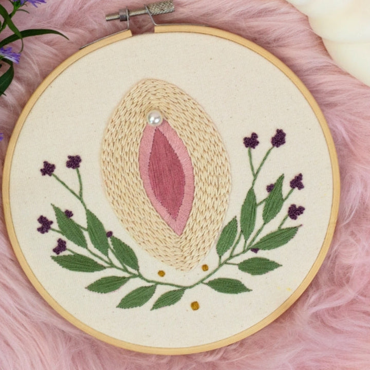 Pearl Blossom – Floral Vulva Embroidery Art 🌿