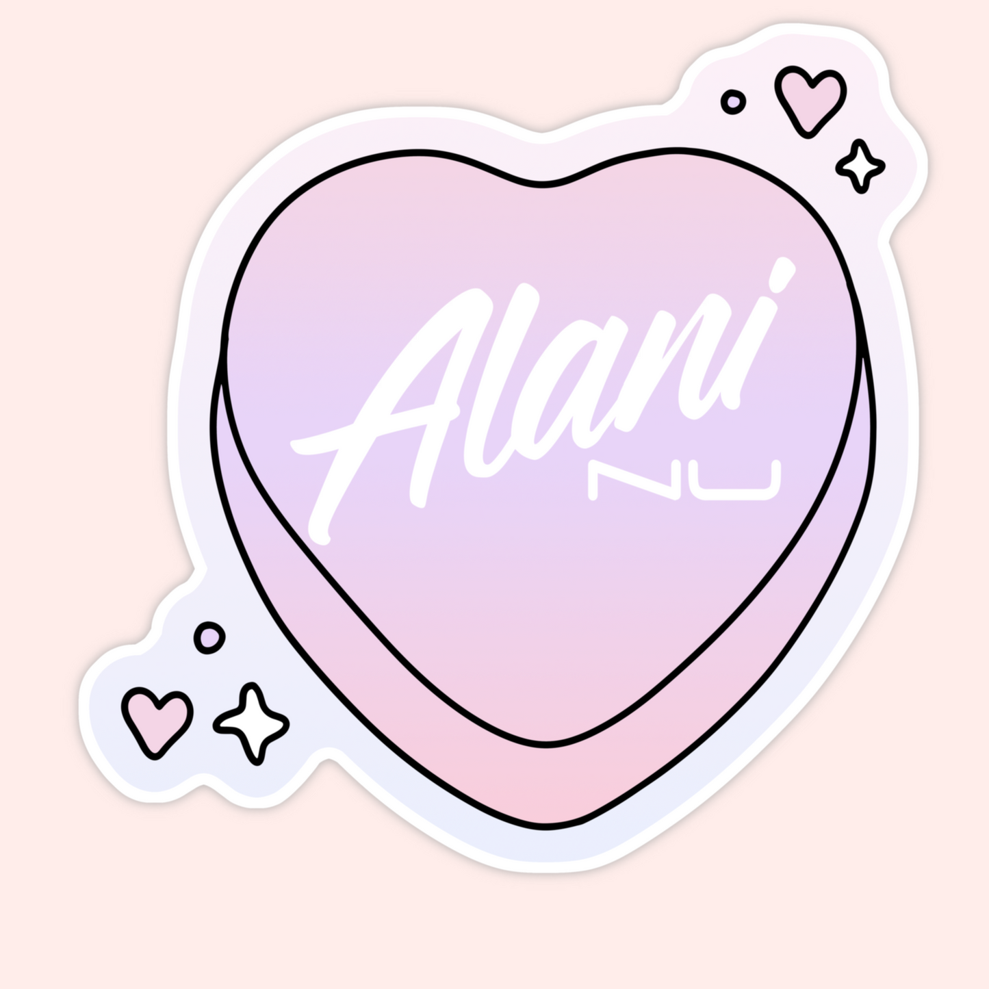 Soft pastel heart-shaped vinyl sticker featuring the word “Alani” in white script with subtle sparkles and noted details.