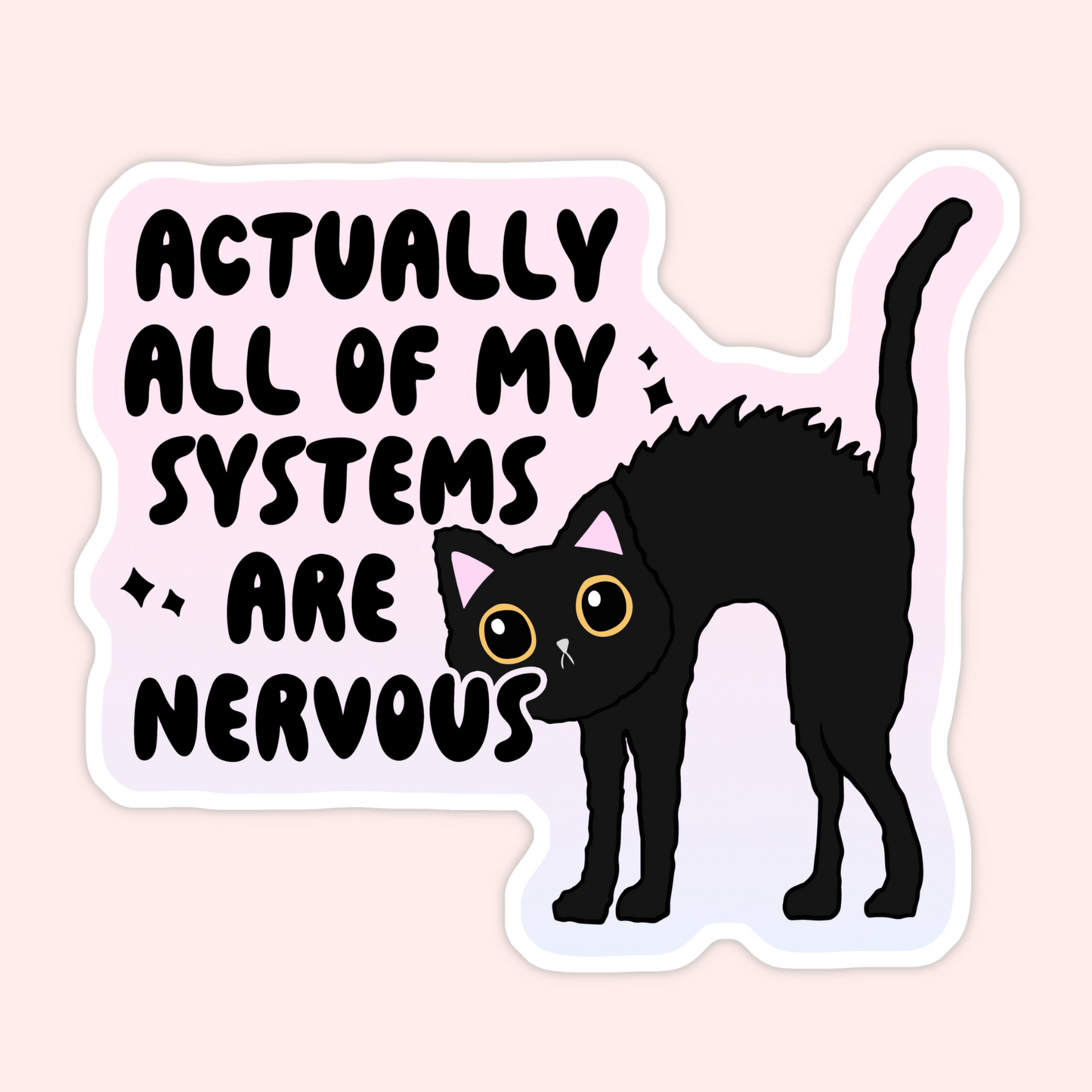 Black cat with arched back and wide eyes next to the phrase “Actually all of my systems are nervous” on a soft pastel background.