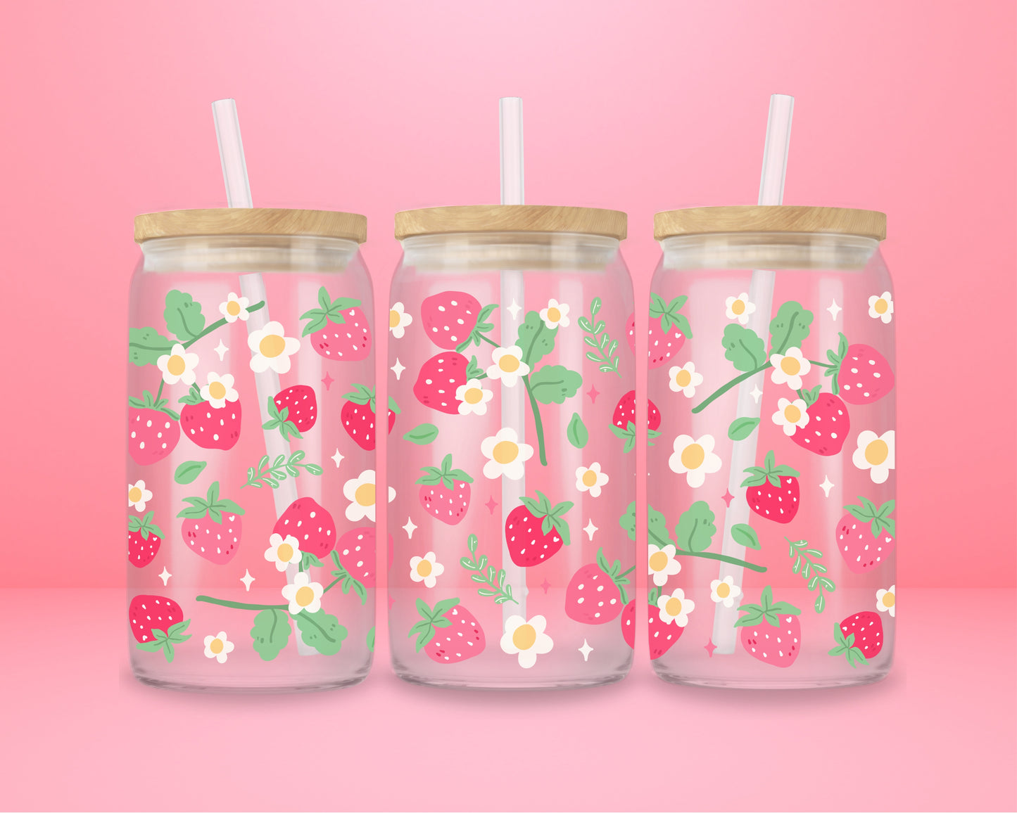 “Strawberry-themed glass tumbler with vines – cute aesthetic drinkware for fruity summer vibes.”