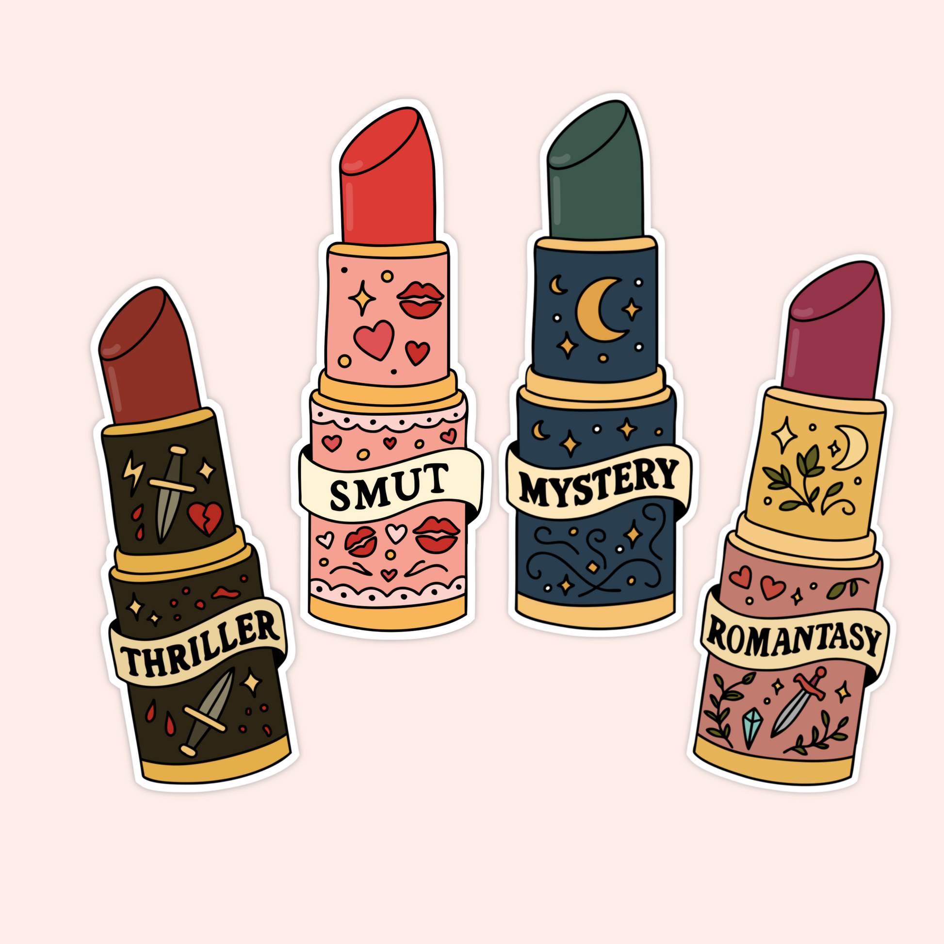 Sticker with four lipsticks labeled Thriller, Smut, Mystery, and Romantasy with themed designs on each tube.