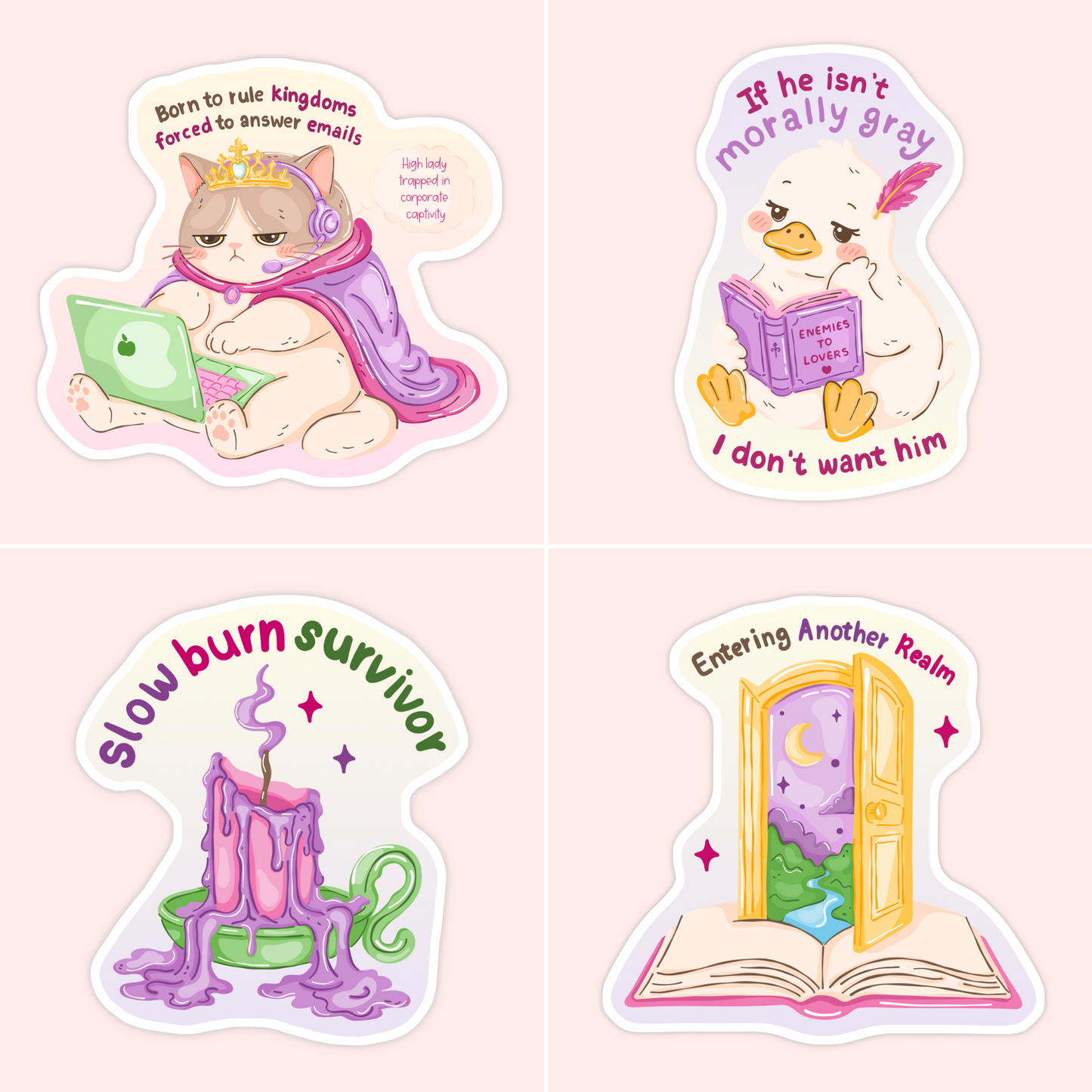 Cute bookish vinyl sticker collection featuring a cat on a laptop, a morally gray duck reading, a slow burn candle, and a fantasy book portal design.