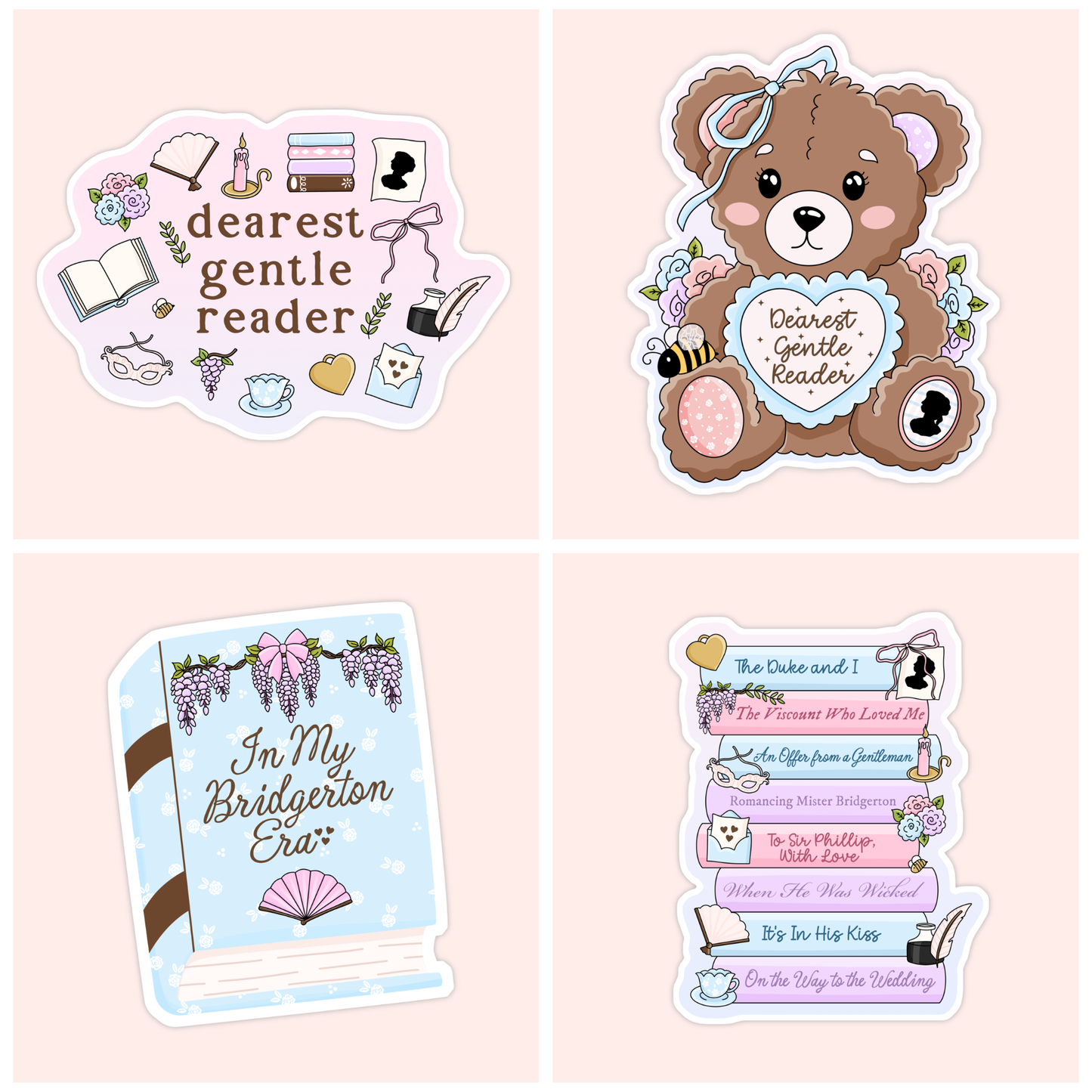 Bridgerton inspired vinyl sticker collection featuring Dearest Gentle Reader quote, teddy bear regency design, In My Bridgerton Era book cover, and pastel stack of Bridgerton series books, romance reader aesthetic stickers for book lovers.