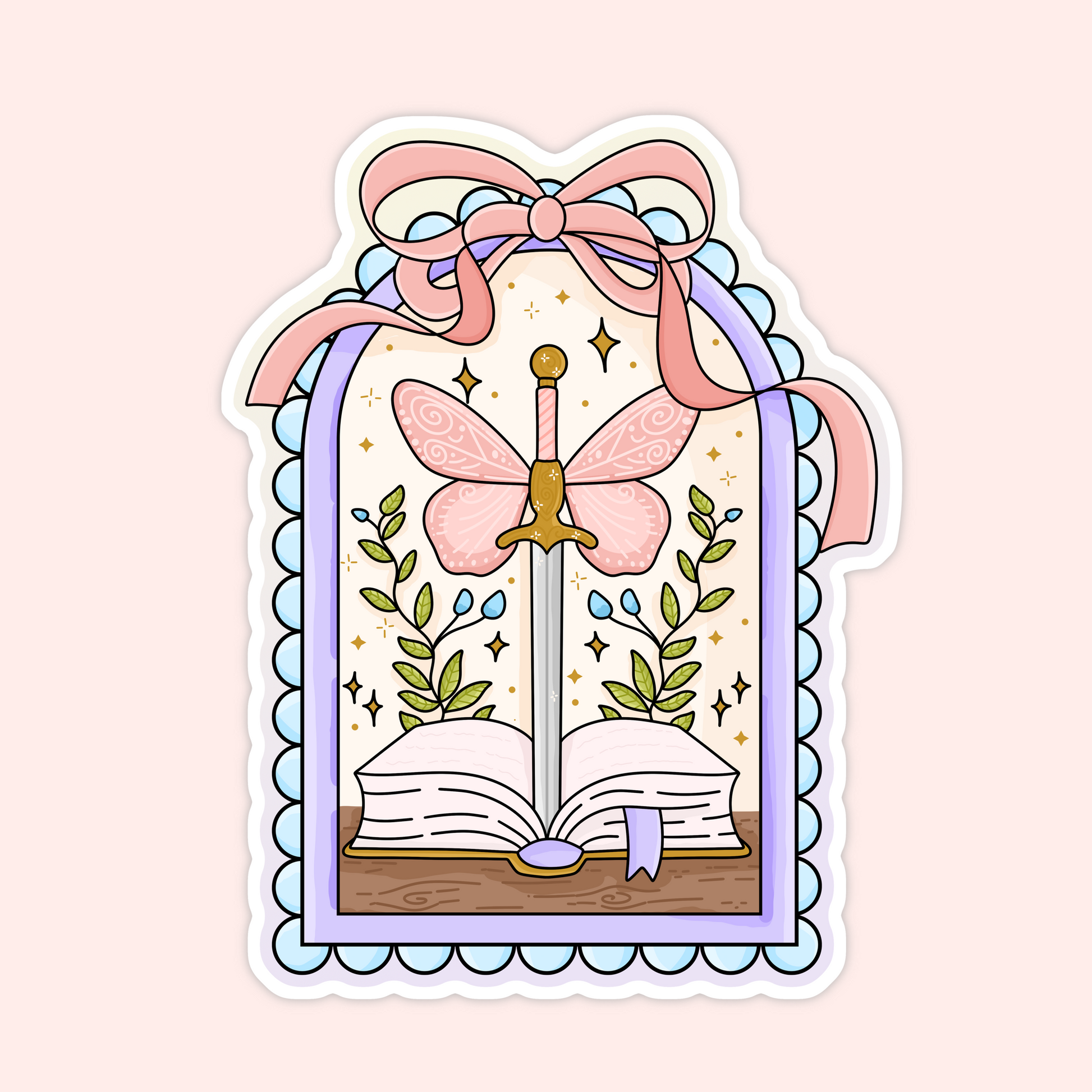 Sticker of a sword with butterfly wings rising from an open book, framed with pink bows and greenery.