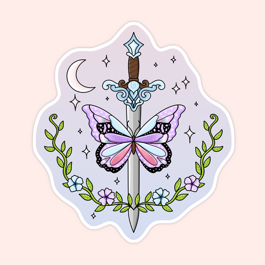 A mystical sword with butterfly wings in pastel colors, surrounded by vines, flowers, stars, and a crescent moon.
