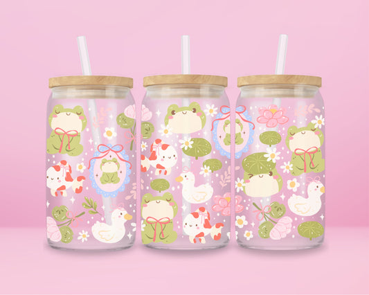 “Cottagecore glass tumbler with frog, duck, and koi fish – whimsical cup for cozy girls.”