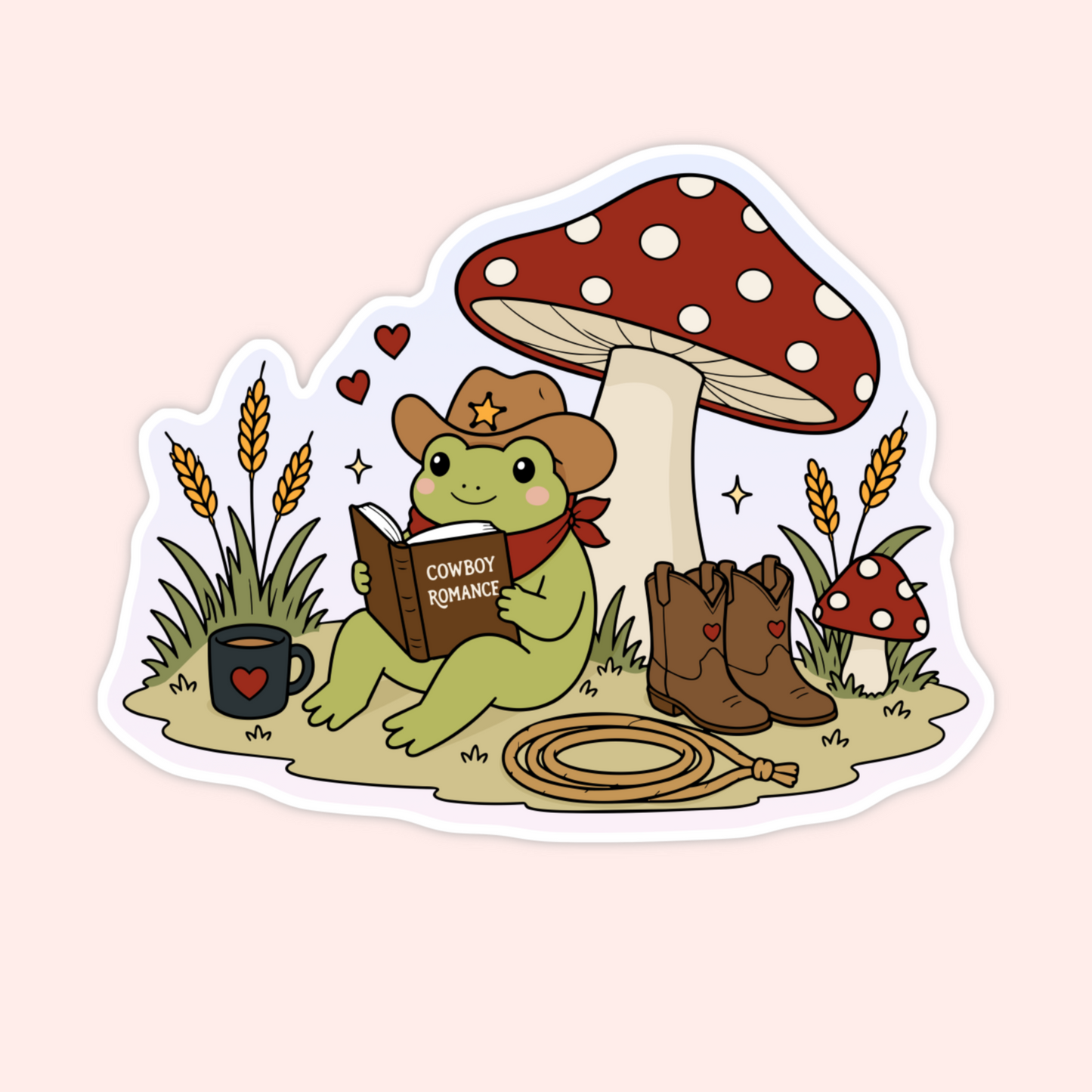 Cute frog wearing a cowboy hat and reading a cowboy romance book under a red mushroom with boots, wheat, rope, and a coffee mug.
