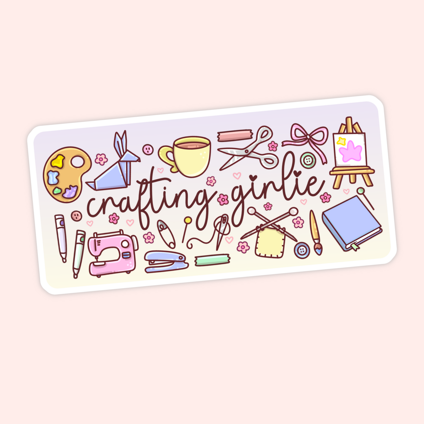Cute crafting girlie sticker with paint palette, sewing machine, scissors, yarn, knitting needles, markers, buttons, sketchbook, bow, and art supplies.