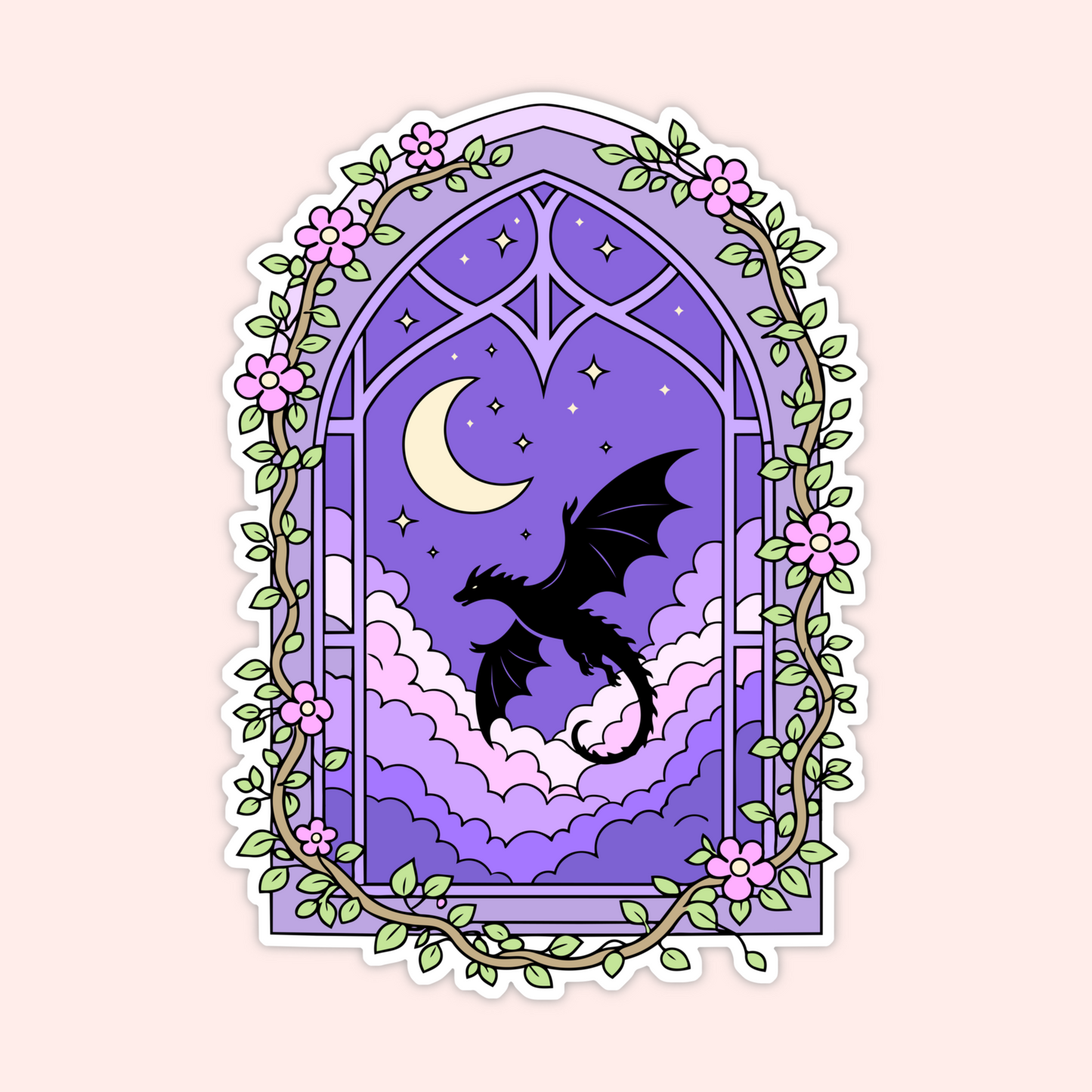 Purple fantasy window sticker with a black dragon silhouette, moon, stars, clouds, and floral vine details.