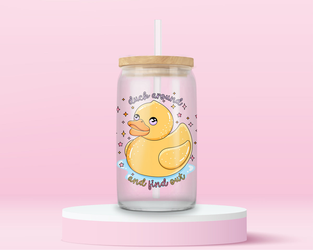 16oz glass tumbler with yellow duck, colourful sparkles and Duck Around and Find Out quote