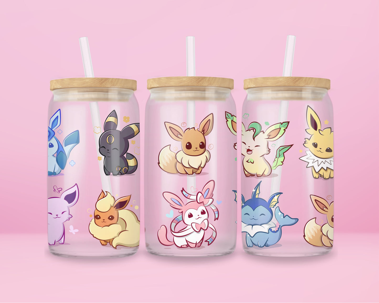 glass tumbler featuring Eevee and all evolutions (Umbreon, Vaporeon, Sylveon, Espeon, Flareon, Glaceon, Jolteon, Leafeon) in pastel style.