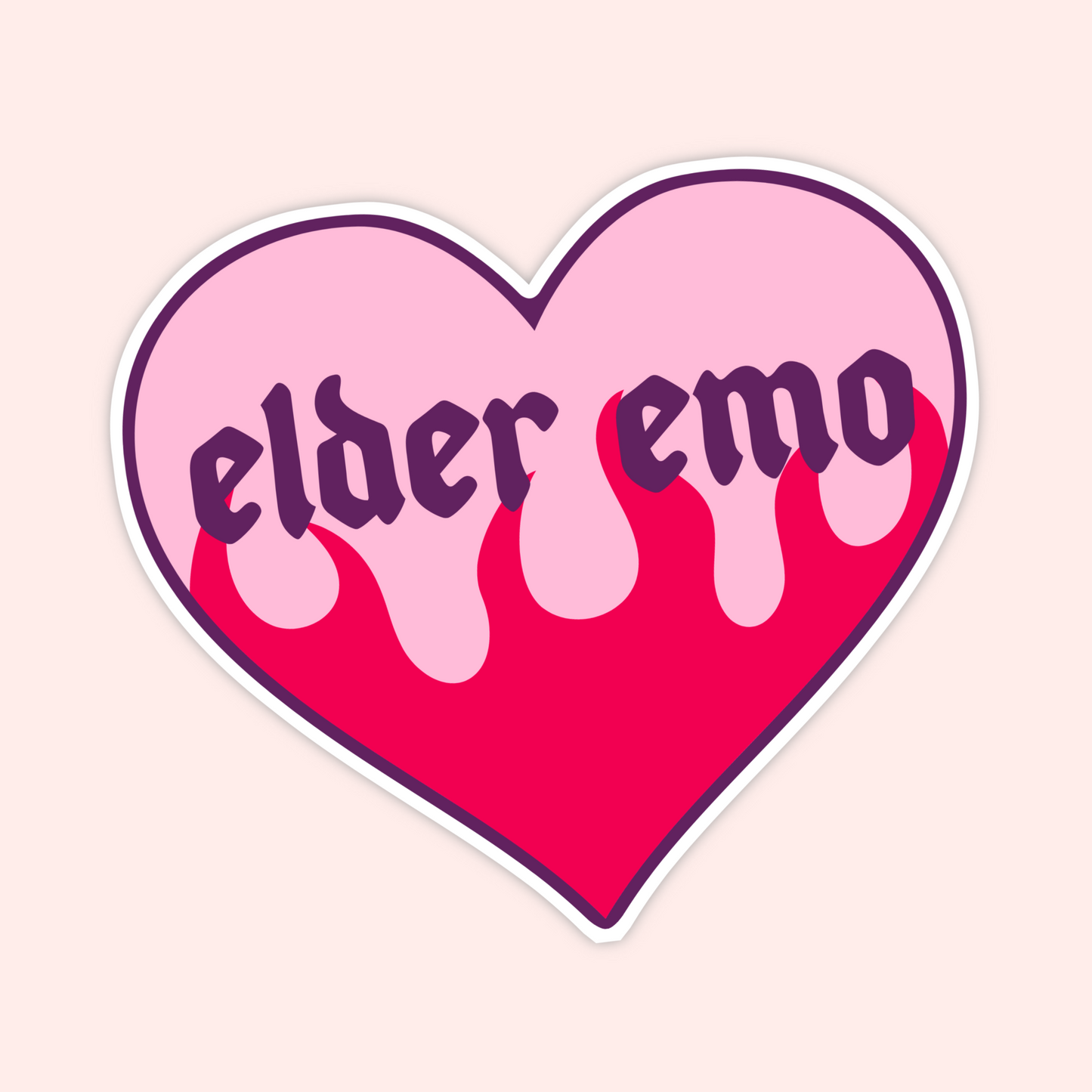 Pink and hot pink heart sticker with purple lettering that says “elder emo.”