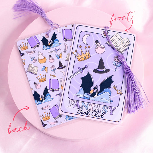 โPurple fantasy bookmark with witch hats, swords, crowns, and potions โ ideal for magical reads and fae romance fans.โ