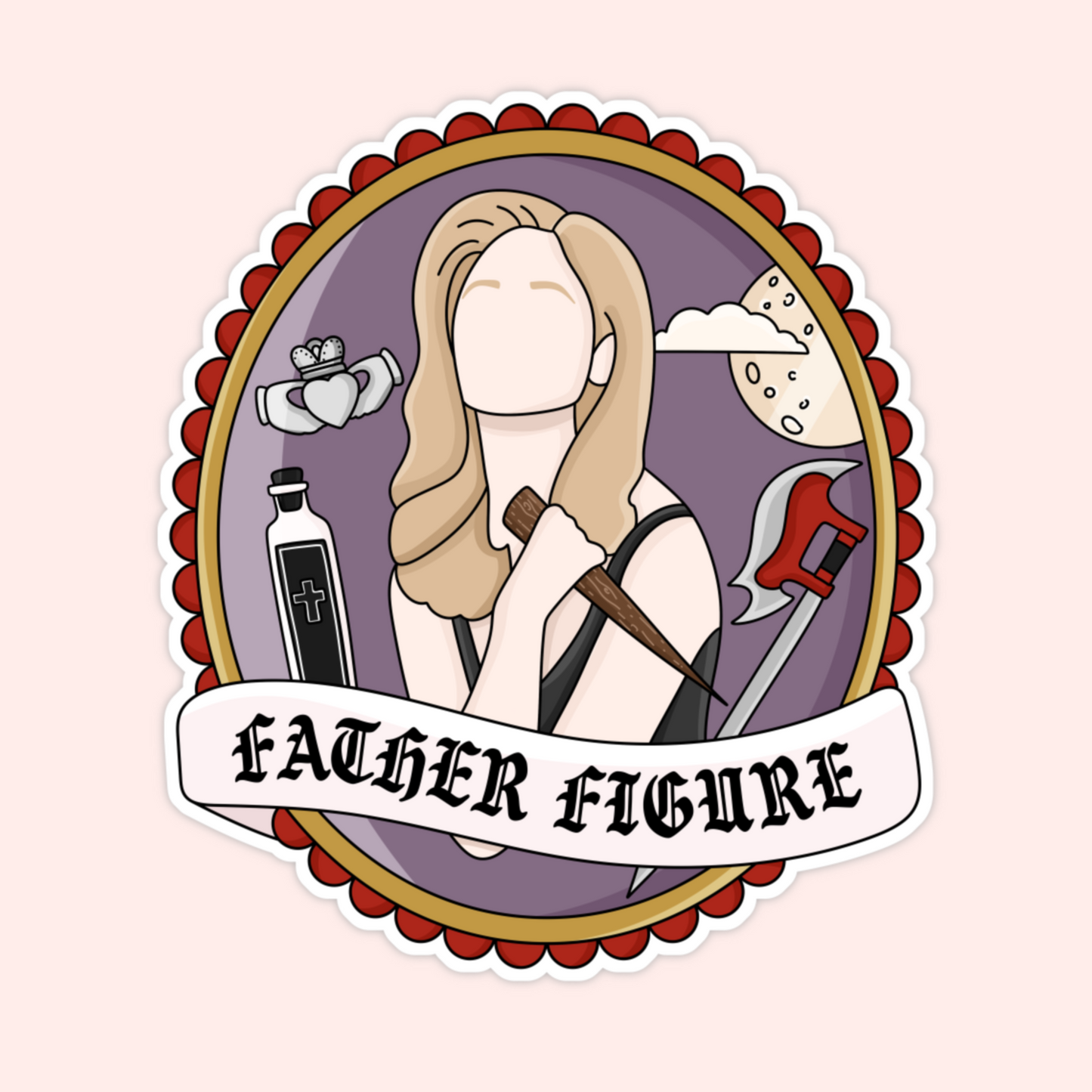 Tarot-style vinyl sticker featuring a faceless blonde heroine holding a wooden stake, surrounded by gothic symbols and weapons, inspired by a slayer aesthetic and the song “Father Figure.”