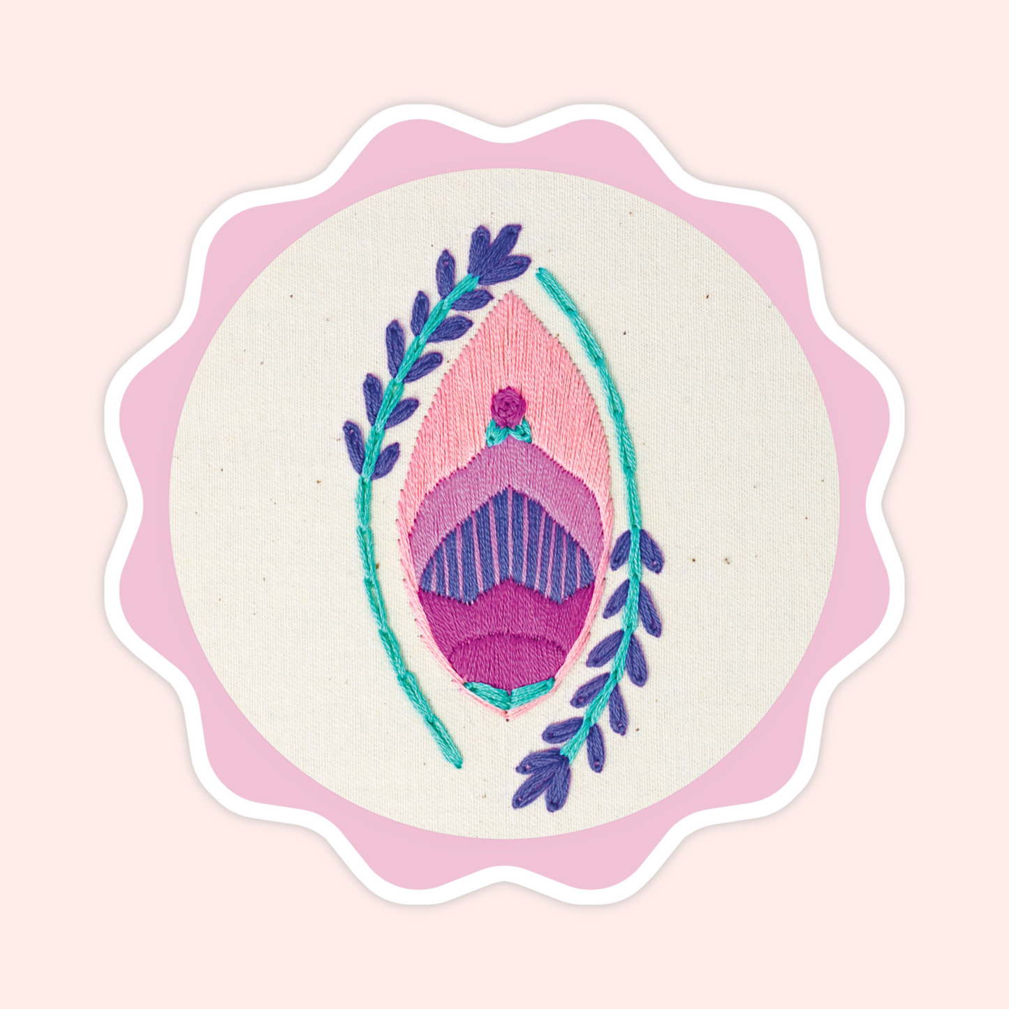Sticker of original embroidery art featuring a floral yoni-inspired design with pink, purple, teal, and botanical details.