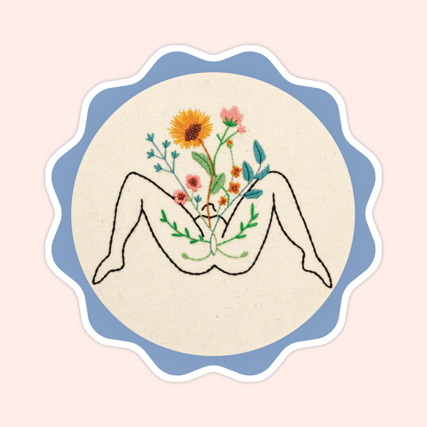Sticker of original embroidery art featuring a body outline with colourful flowers blooming from the center.