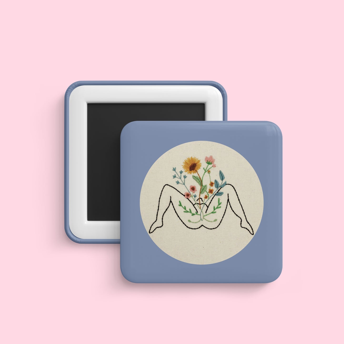 Feminine body floral embroidery style magnet, 2 inch cute girly fridge magnet with pastel tones