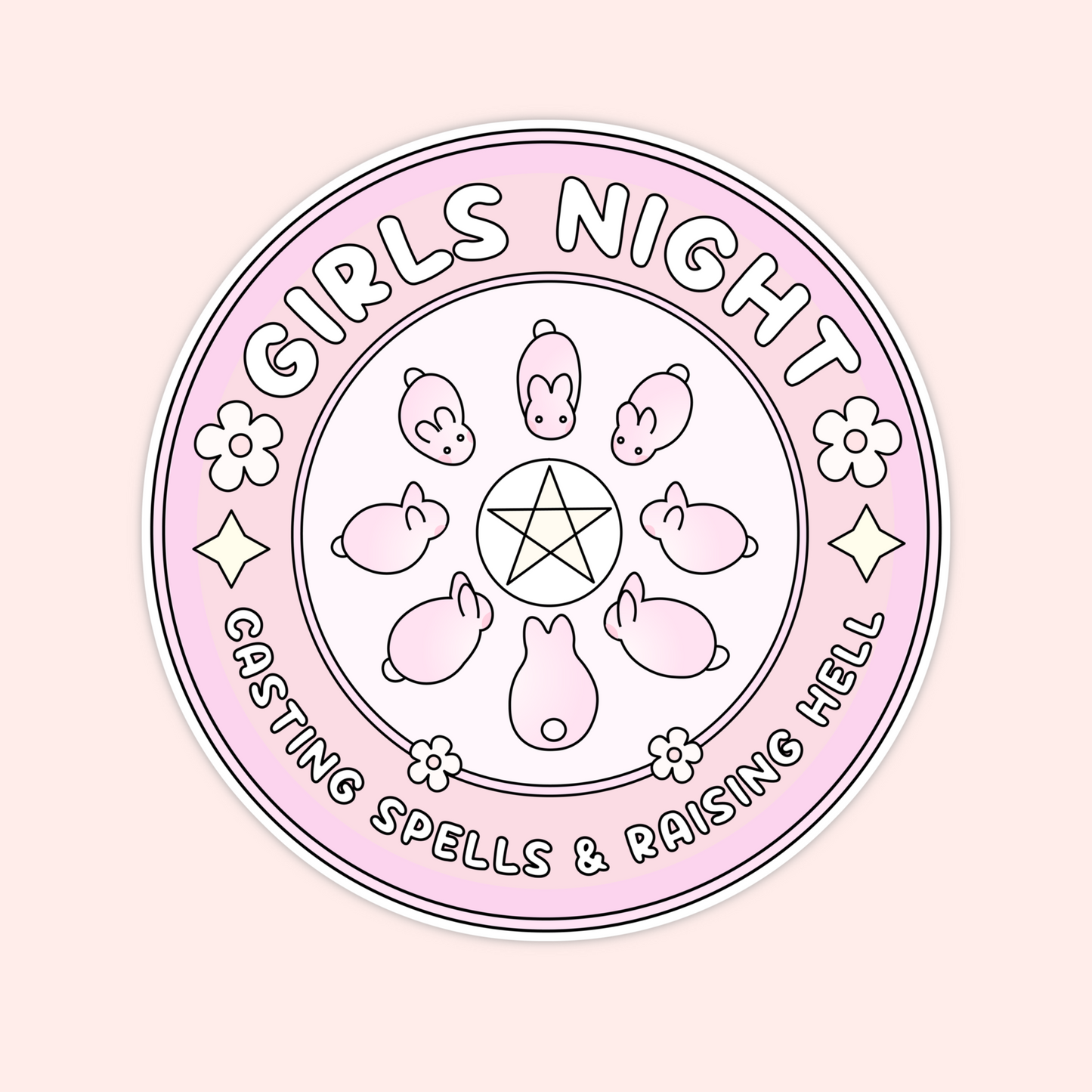 Cute pastel vinyl sticker featuring bunnies arranged in a spell circle with a pentagram and the phrase “Girls Night Casting Spells & Raising Hell.”