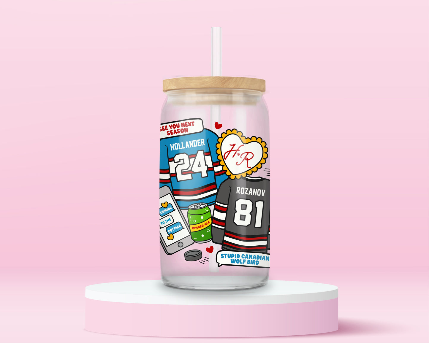 Glass tumbler featuring hockey jerseys with numbers 24 and 81 inspired by Heated Rivalry.