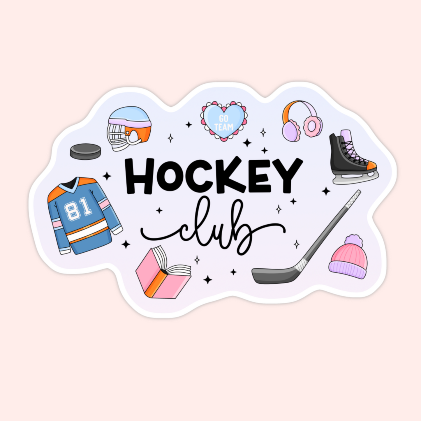 Hockey club sticker with a jersey, helmet, hockey stick, puck, skate, headphones, book, winter hat, and go team heart.