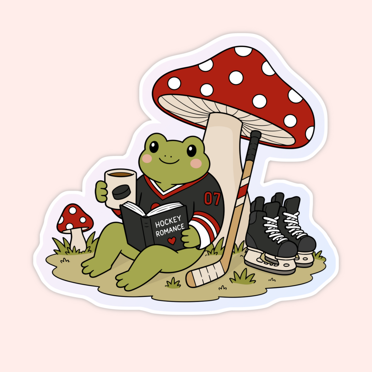 Cute frog reading a hockey romance book while sitting under a red mushroom with hockey skates, a hockey stick, and a cozy mug.