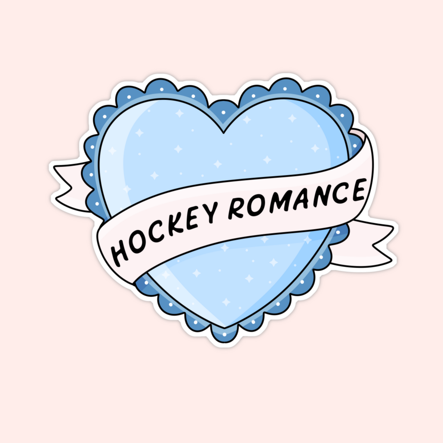 Blue heart sticker with a white banner that says “hockey romance” and sparkly details.