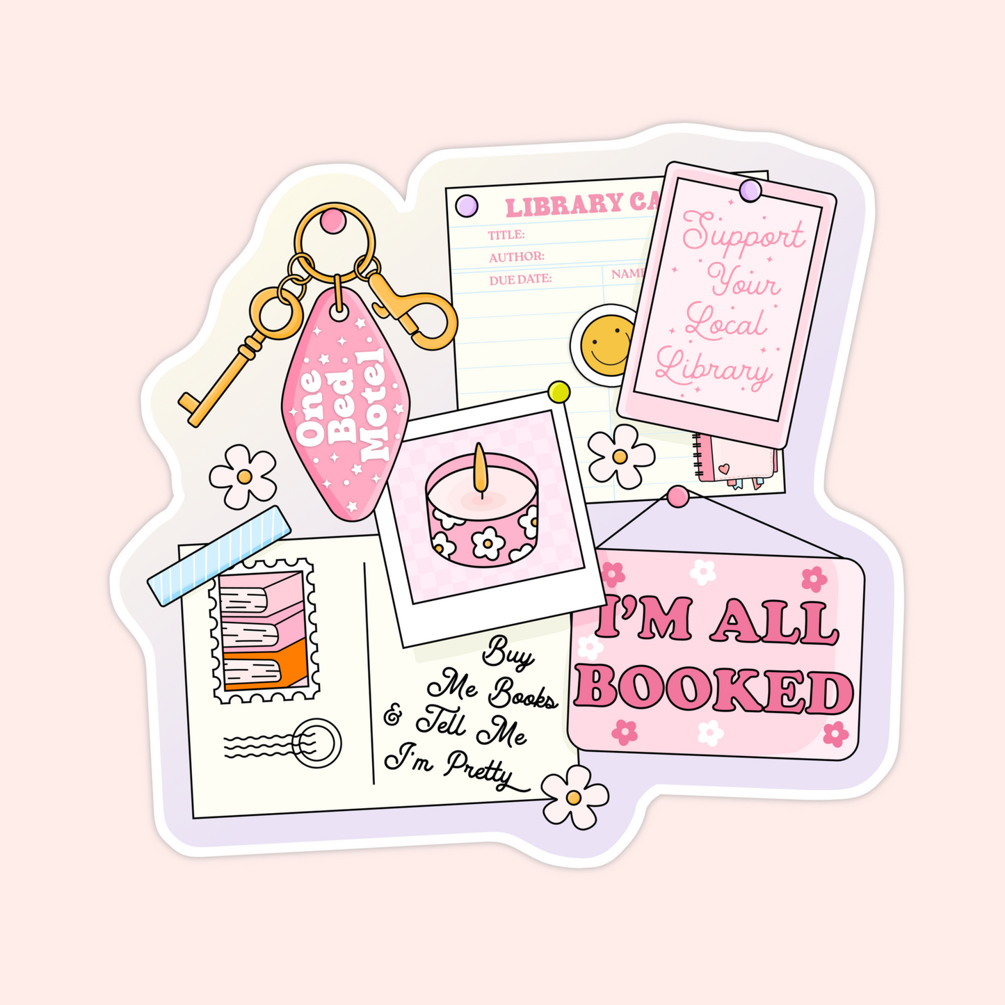 A pink bookish collage featuring a motel keychain, library card, candle, postcards, and the phrase “I’m All Booked.”