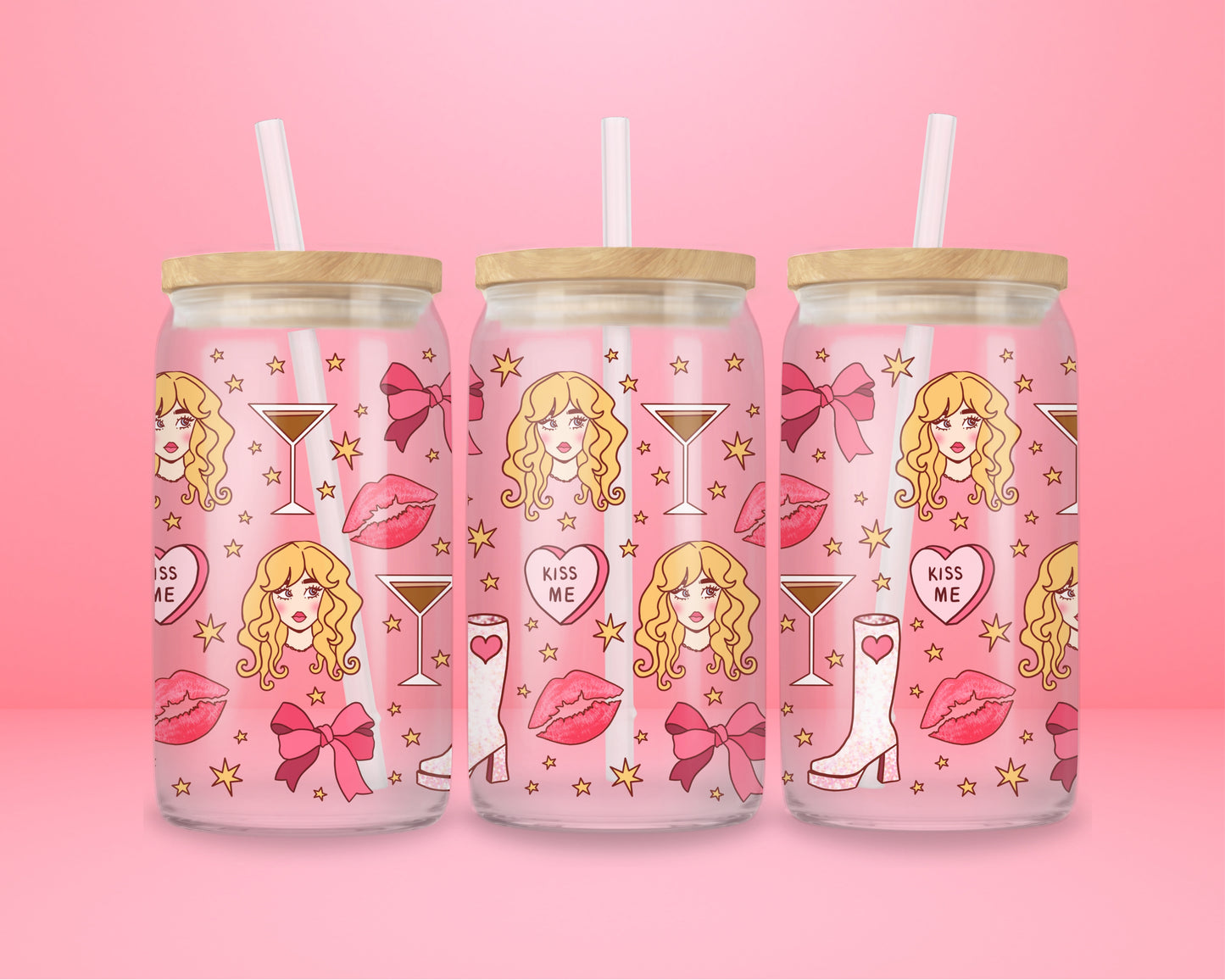 A girly pink glass cup featuring a blonde glam girl, pink bows, martinis, lipstick kisses, stars, and “kiss me” hearts — Sabrina Carpenter vibes all the way.