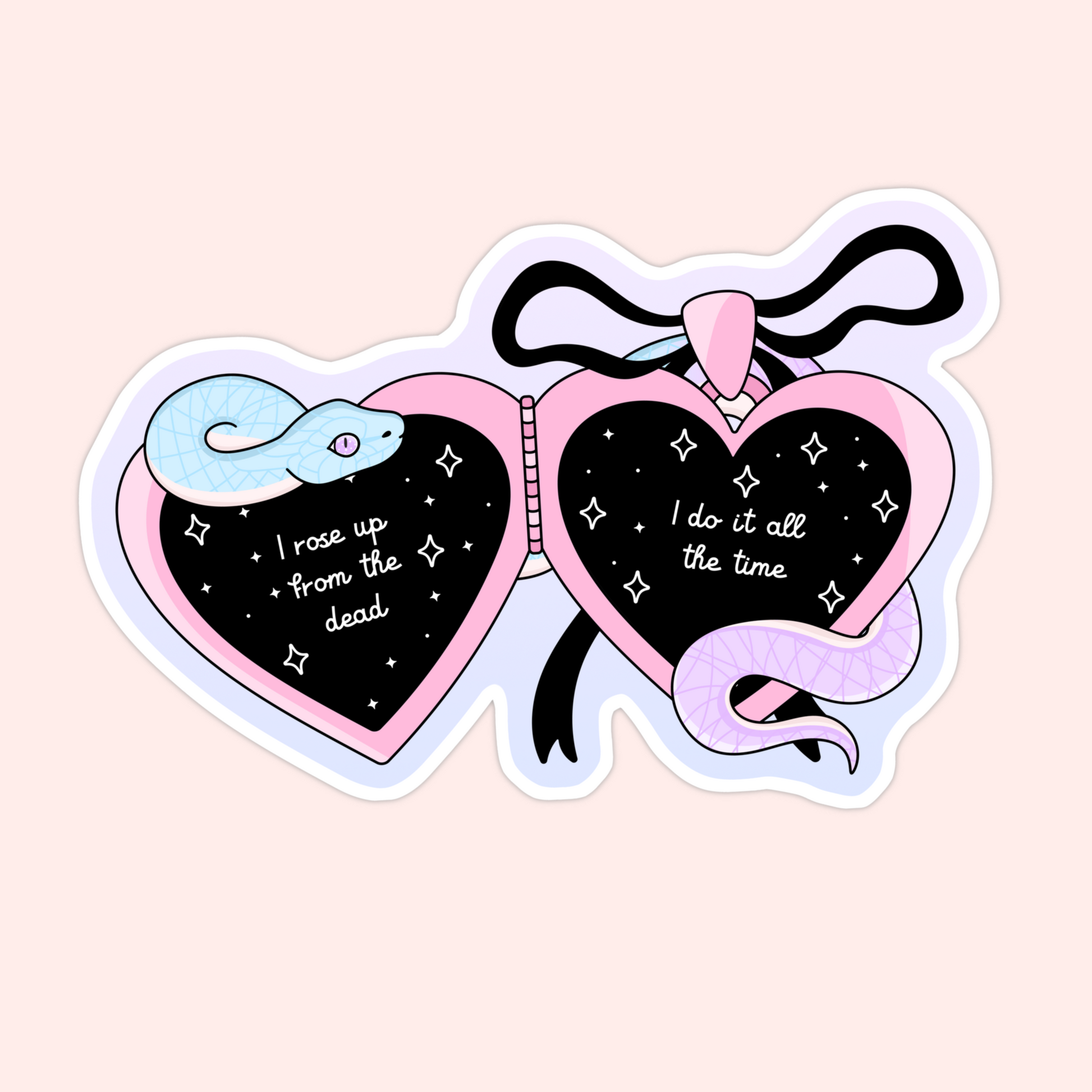 A pink and black heart-shaped locket sticker with a pastel snake and lyrics from Taylor Swift’s Look What You Made Me Do: “I rose up from the dead, I do it all the time.”