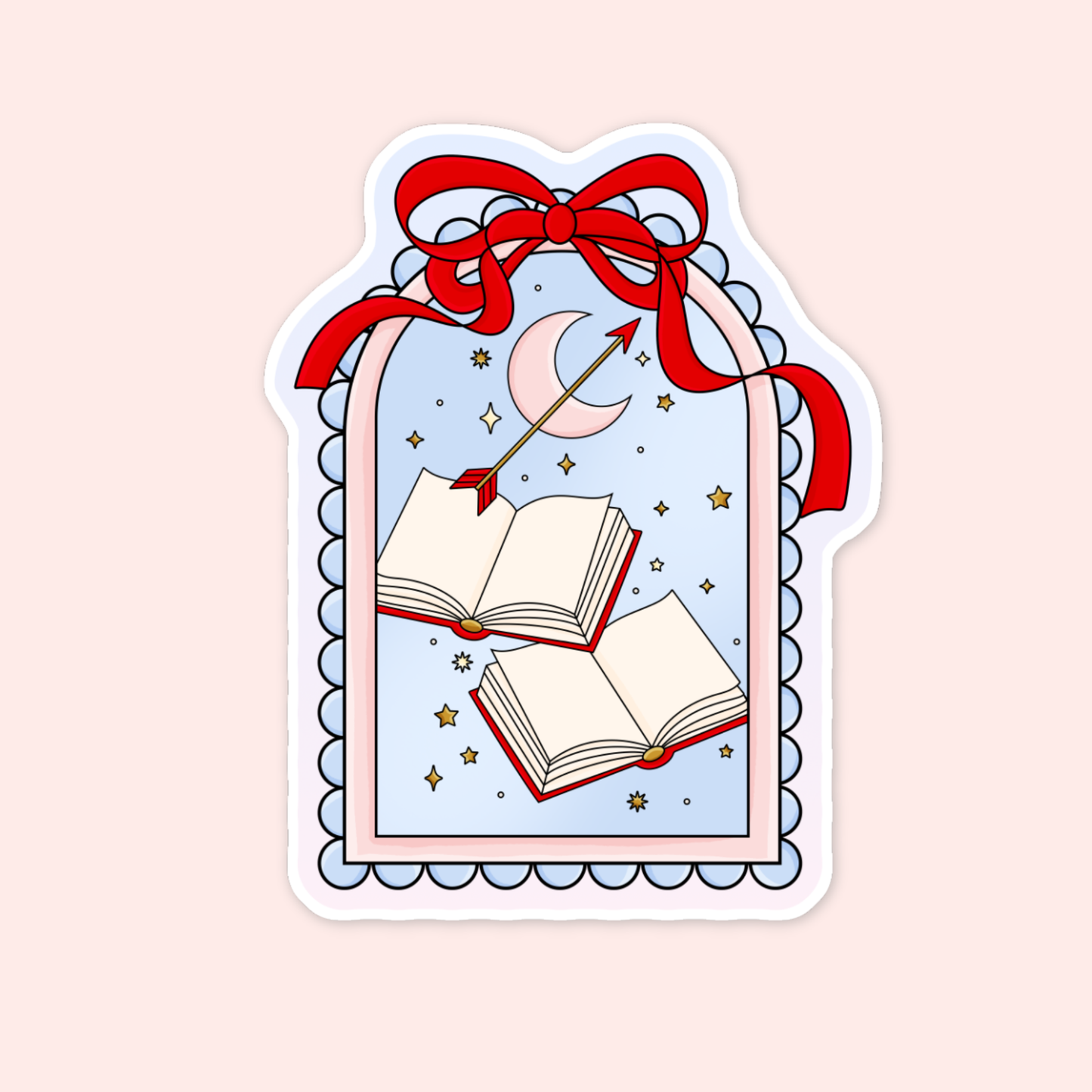 Cute bookish sticker with open books, stars, a crescent moon, arrow, scalloped blue frame, and a red bow.