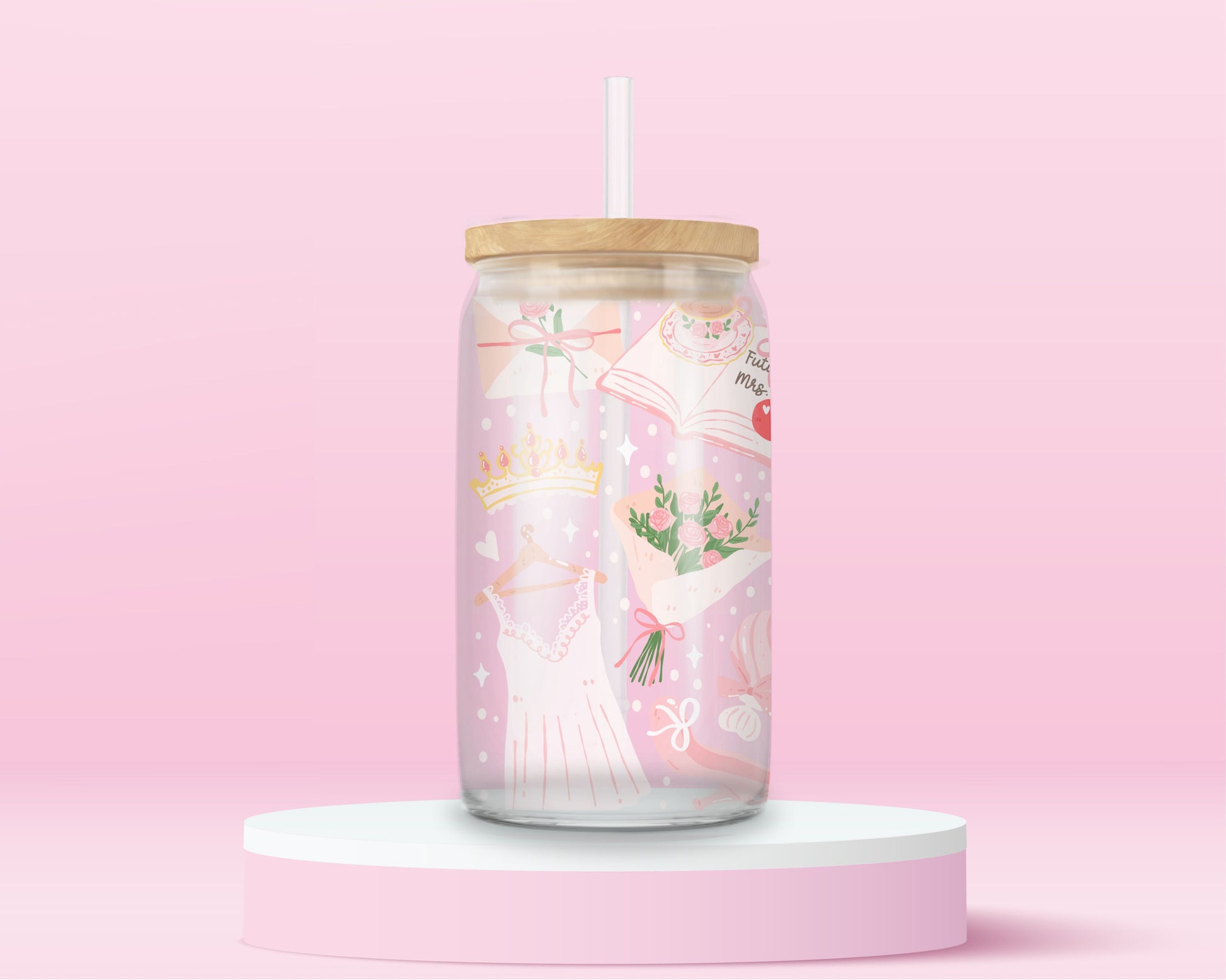 “Bridal glass tumbler with soft pink floral design – perfect for bachelorettes or wedding gifts.”