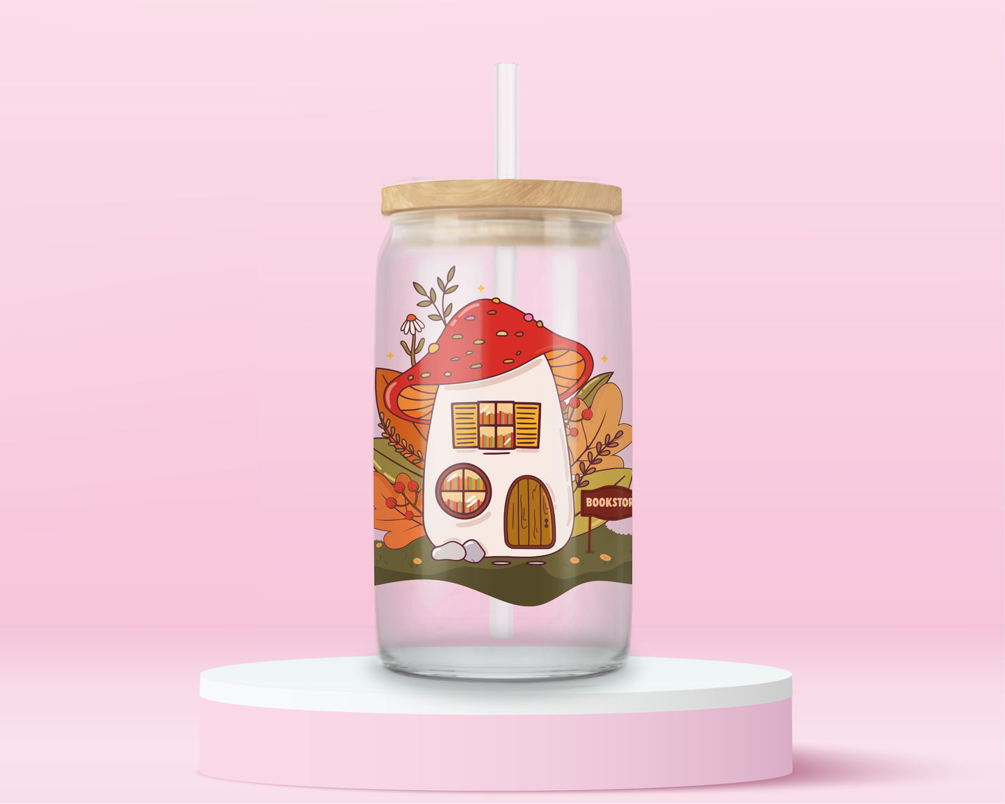 Cottagecore mushroom bookstore glass tumbler with whimsical forest illustration and cozy bookshop aesthetic.