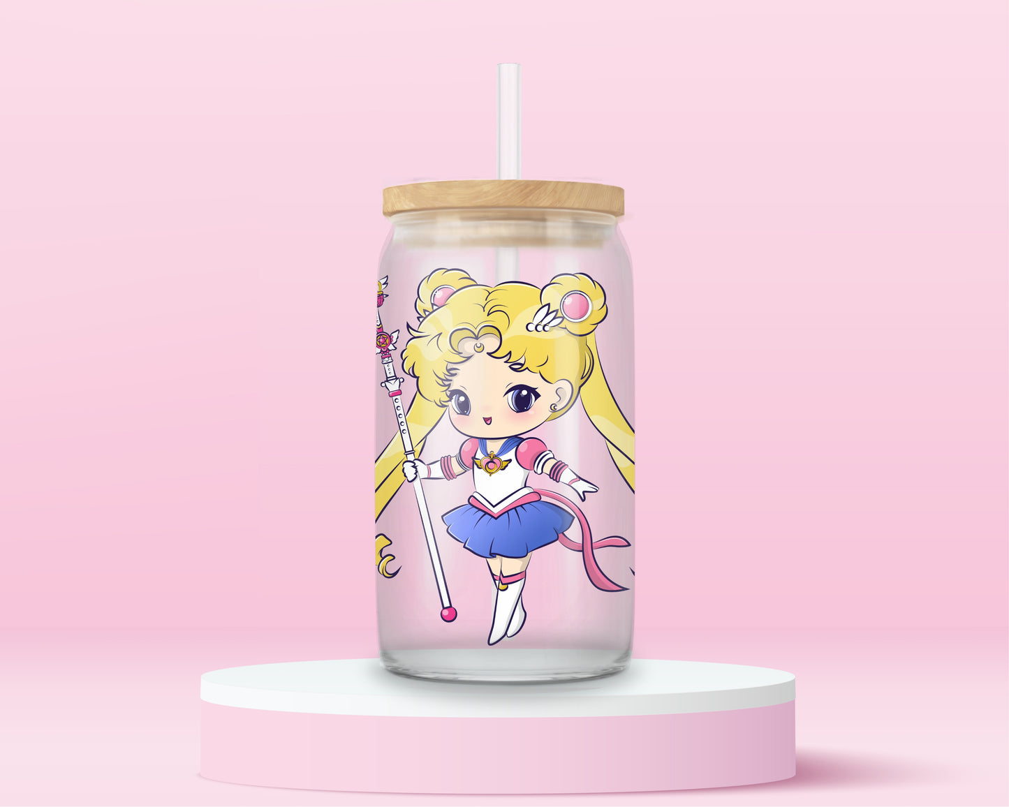 glass tumbler featuring Sailor Moon in chibi form with her wand and long blonde pigtails, bamboo lid and straw.