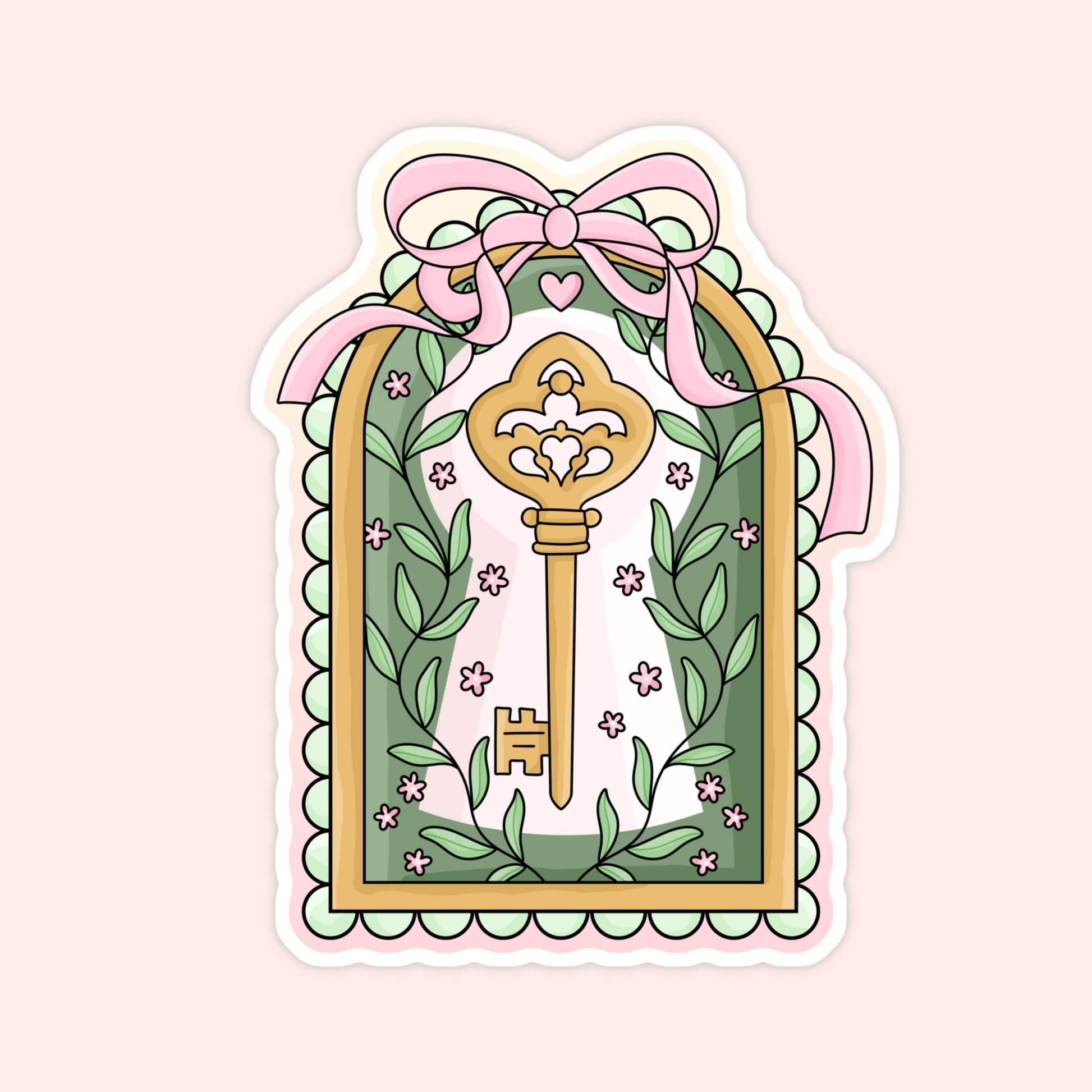Sticker of a golden ornate key framed with green leaves, pink flowers, and a pink bow border.