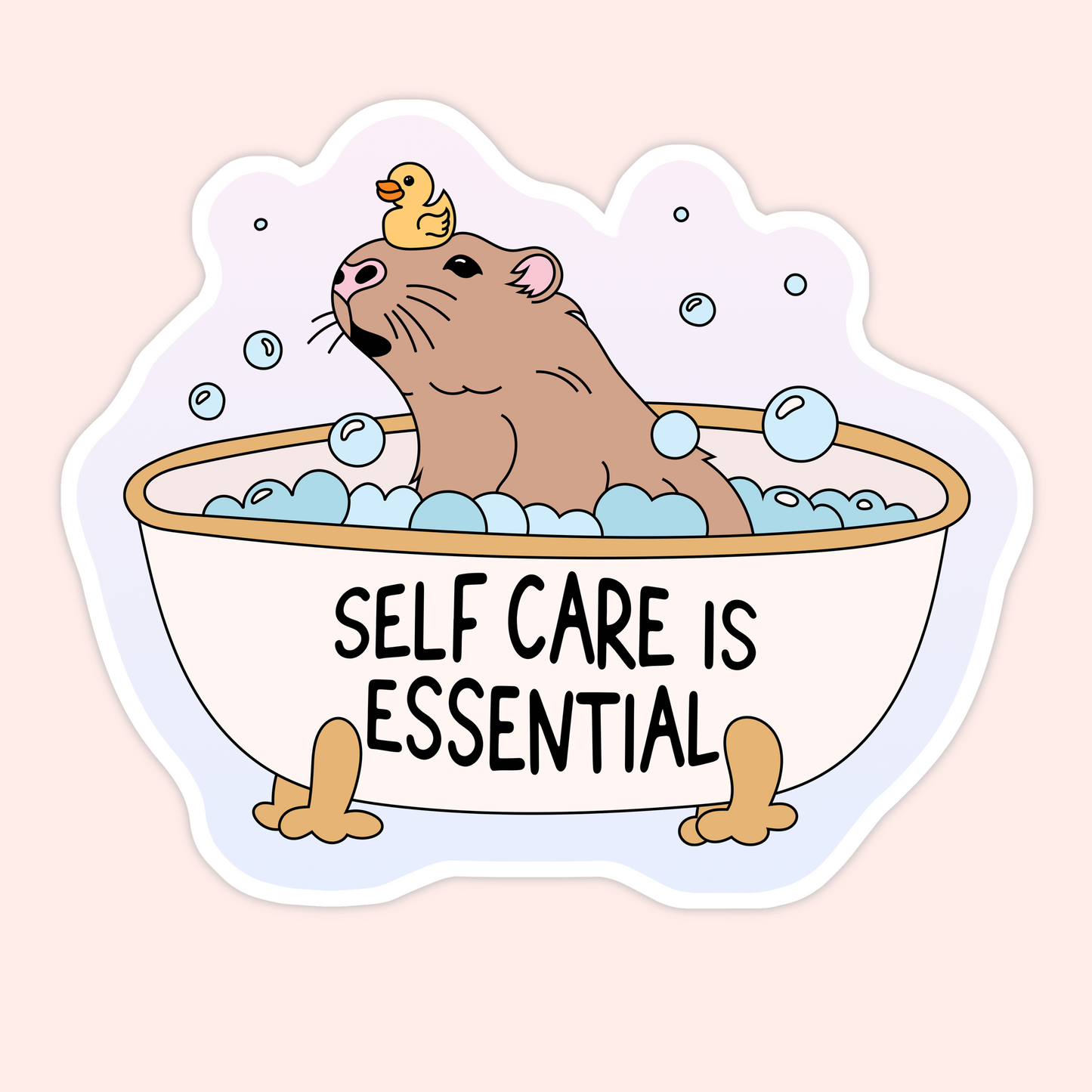 Cute vinyl sticker featuring a capybara relaxing in a bubble bath with a rubber duck and the phrase “Self Care Is Essential.”