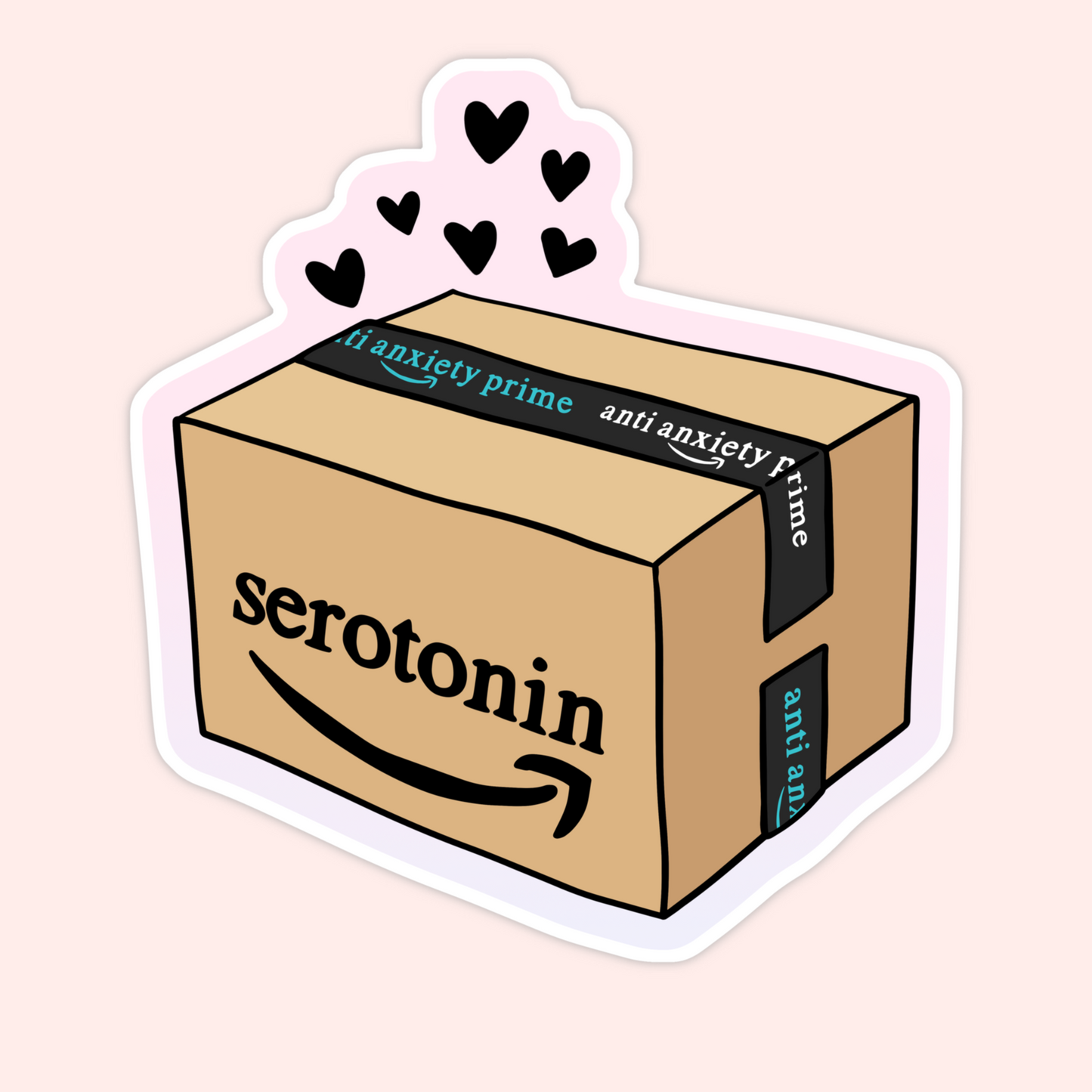 Cute vinyl sticker featuring a cardboard box labeled “serotonin” with hearts and anti-anxiety tape details.