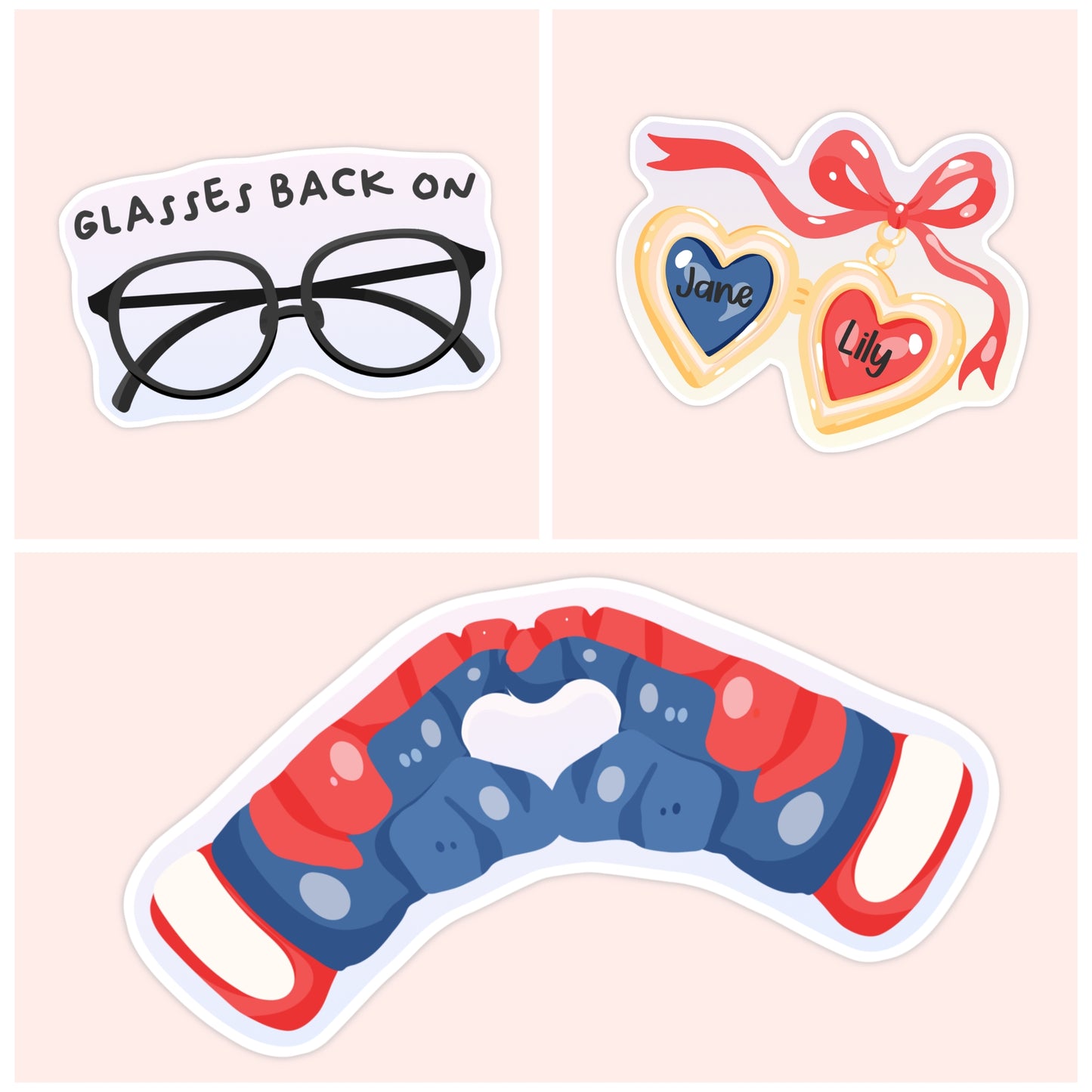Illustrated Heated Rivalry sticker collection featuring character details including glasses, name charm hearts, and a heart-shaped hockey scarf.