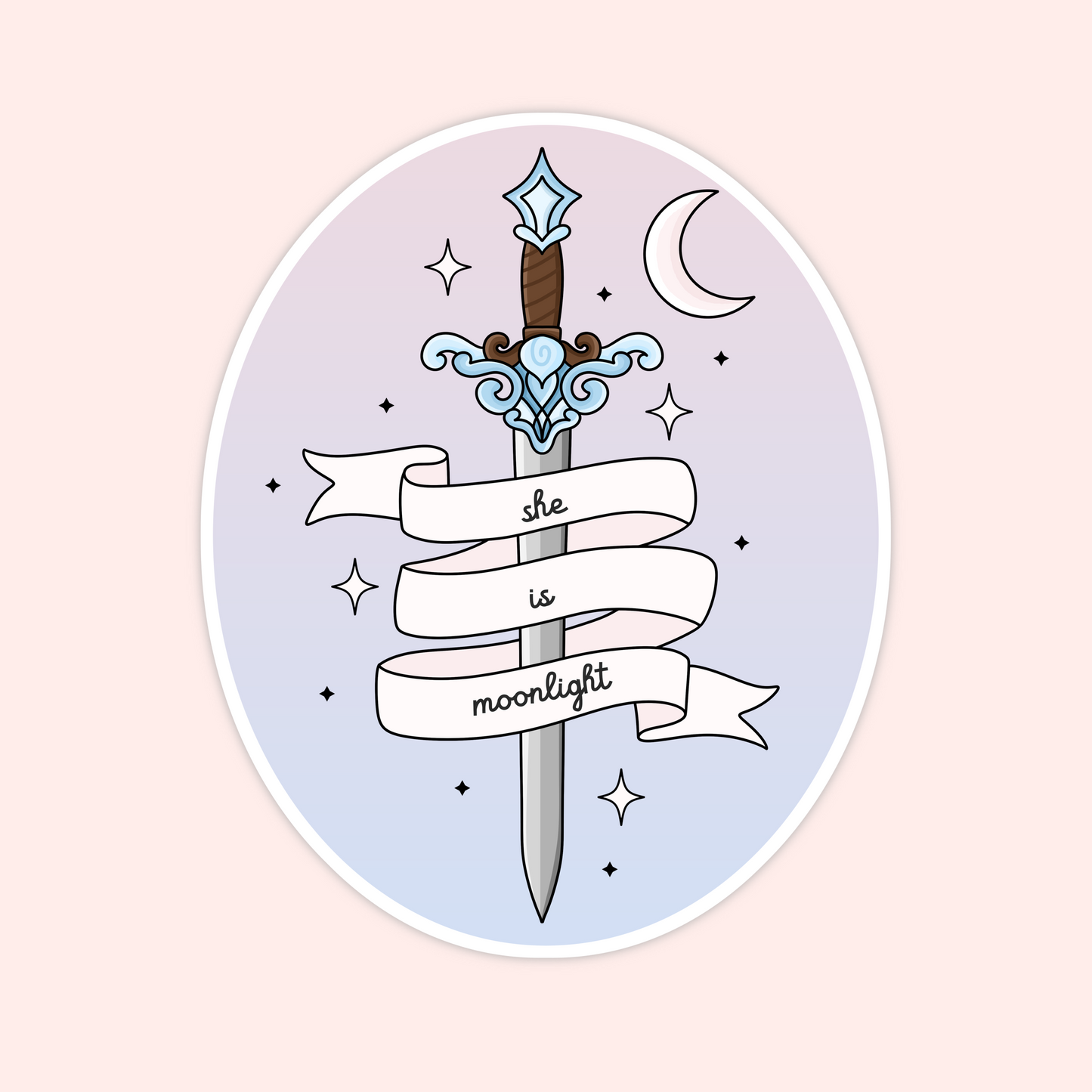 Oval sticker with a sword, crescent moon, stars, and a ribbon that reads “she is moonlight.”