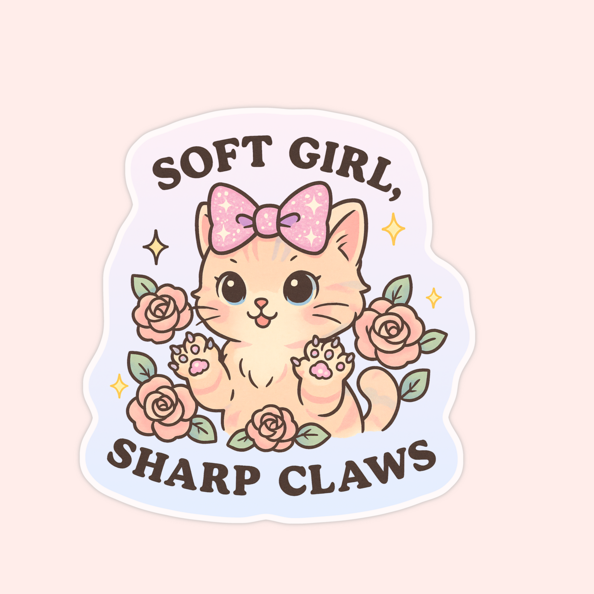 Sticker of a pastel cat with a pink bow, roses, and the words “Soft Girl, Sharp Claws.”