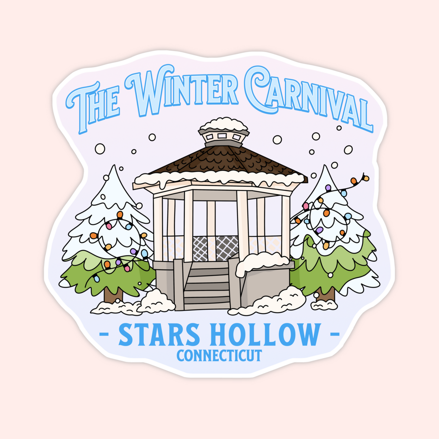 A charming vinyl sticker inspired by the Stars Hollow Winter Carnival, featuring a snowy gazebo scene. Perfect for winter decor lovers and Gilmore Girls fans.