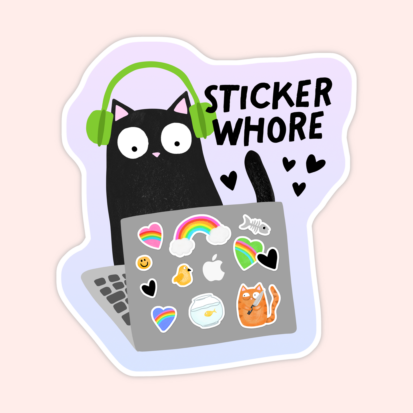 Black cat wearing green headphones, sitting behind a laptop covered in rainbow and cat stickers, with the words "Sticker Whore" written above.
