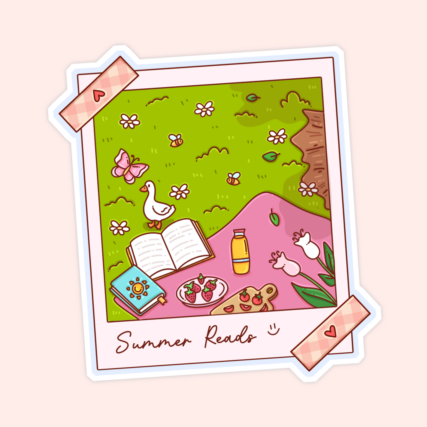 Cute summer reads sticker with a picnic blanket, open books, flowers, strawberries, tulips, goose, bees, and sunny garden details.