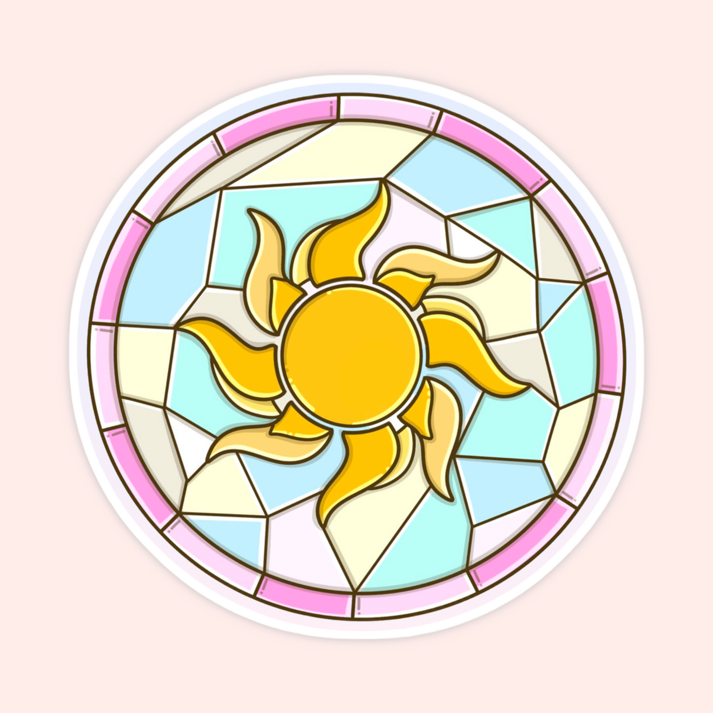 Cute stained glass style sun sticker with pastel blue, yellow, pink, and cream window details.