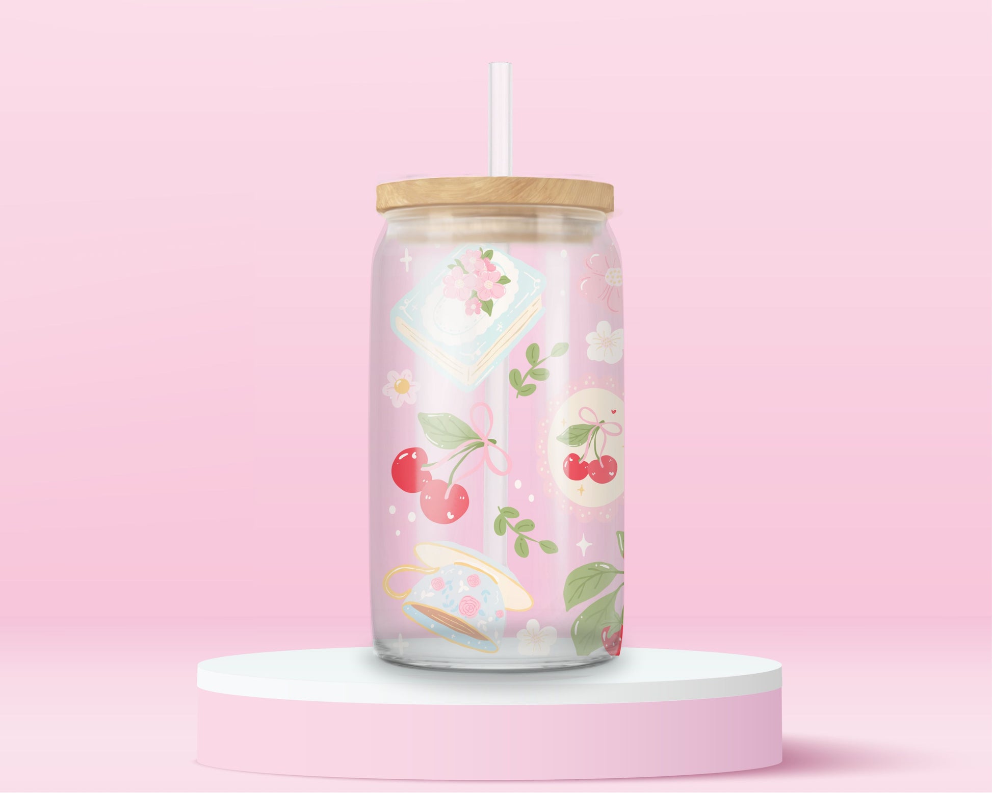 “Romantic glass tumbler with cherry and book details – ideal for readers and tea lovers.”