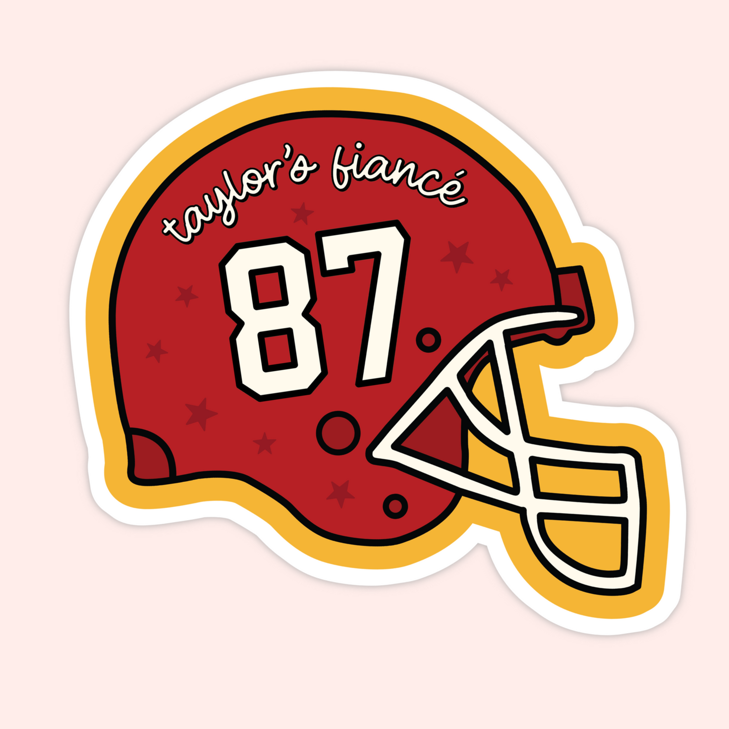 Red football helmet with the number 87 and text that says “Taylor’s fiancé.”