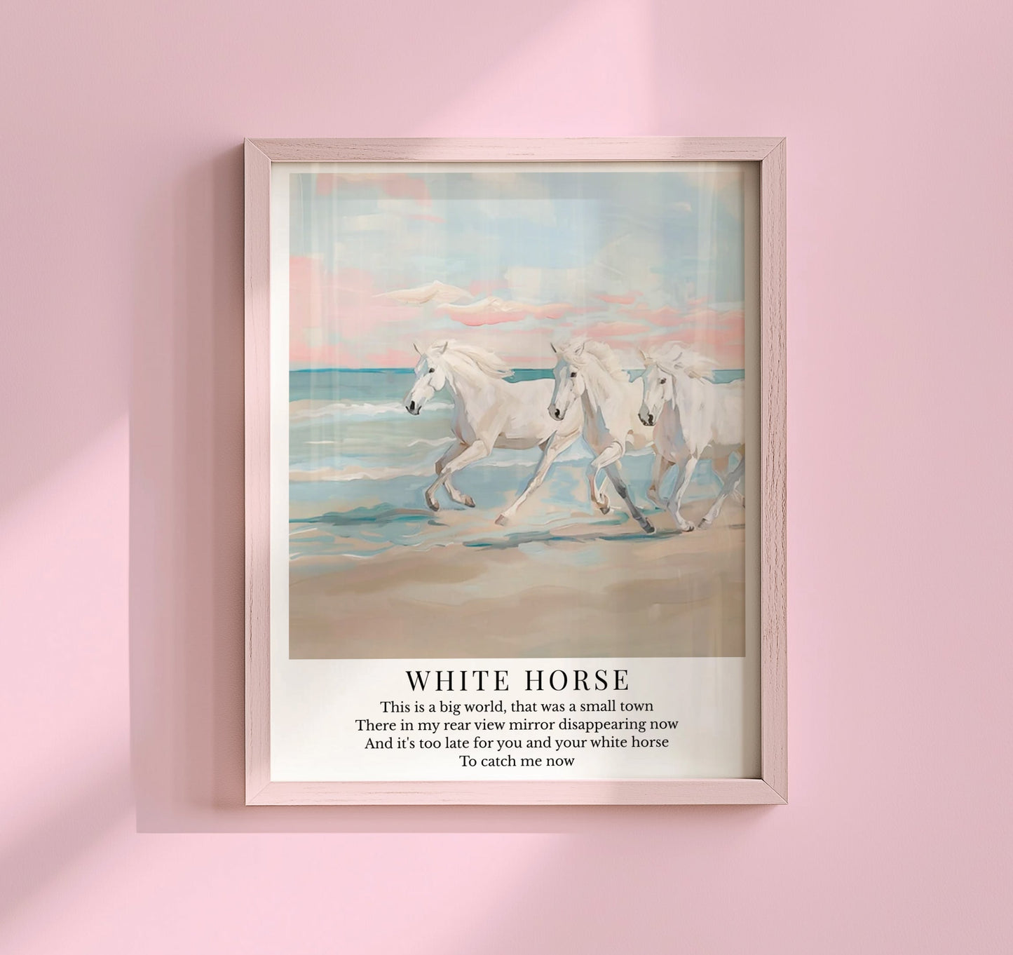 Taylor Swift White Horse inspired art print featuring white horses running along a beach with soft pastel skies