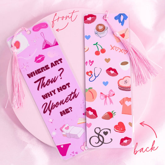 โDouble-sided pink bookmark with vintage-style phrases and flirty illustrations like lipstick, bows, and sweets โ inspired by Sabrina Carpenterโs retro glam.โ
